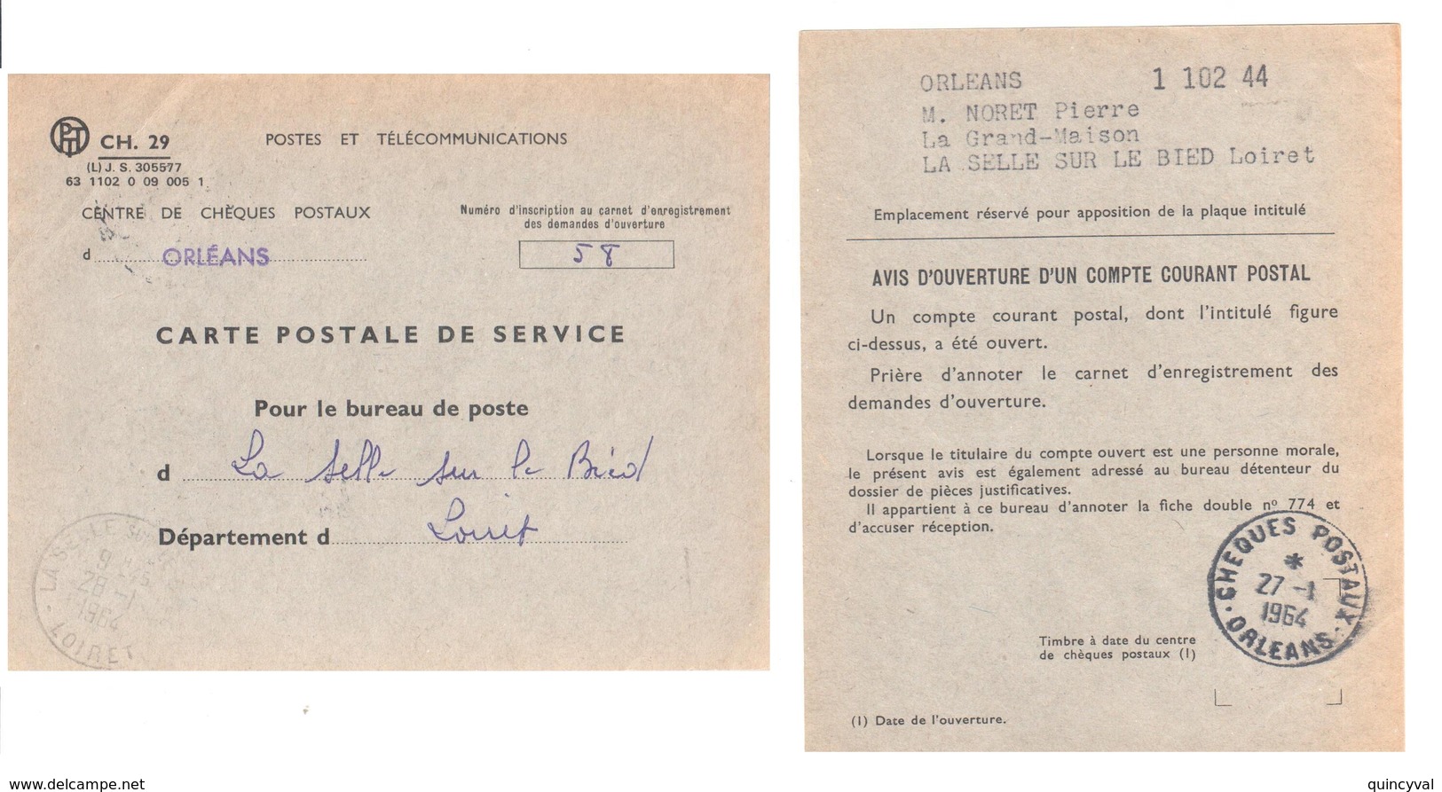 CHEQUES POSTAUX OrléansOb 1964 Avis Ouverture Compte Postal Formulaire PTT CH.29 J.S. 305577 Dest La Selle Loiret - Briefe U. Dokumente