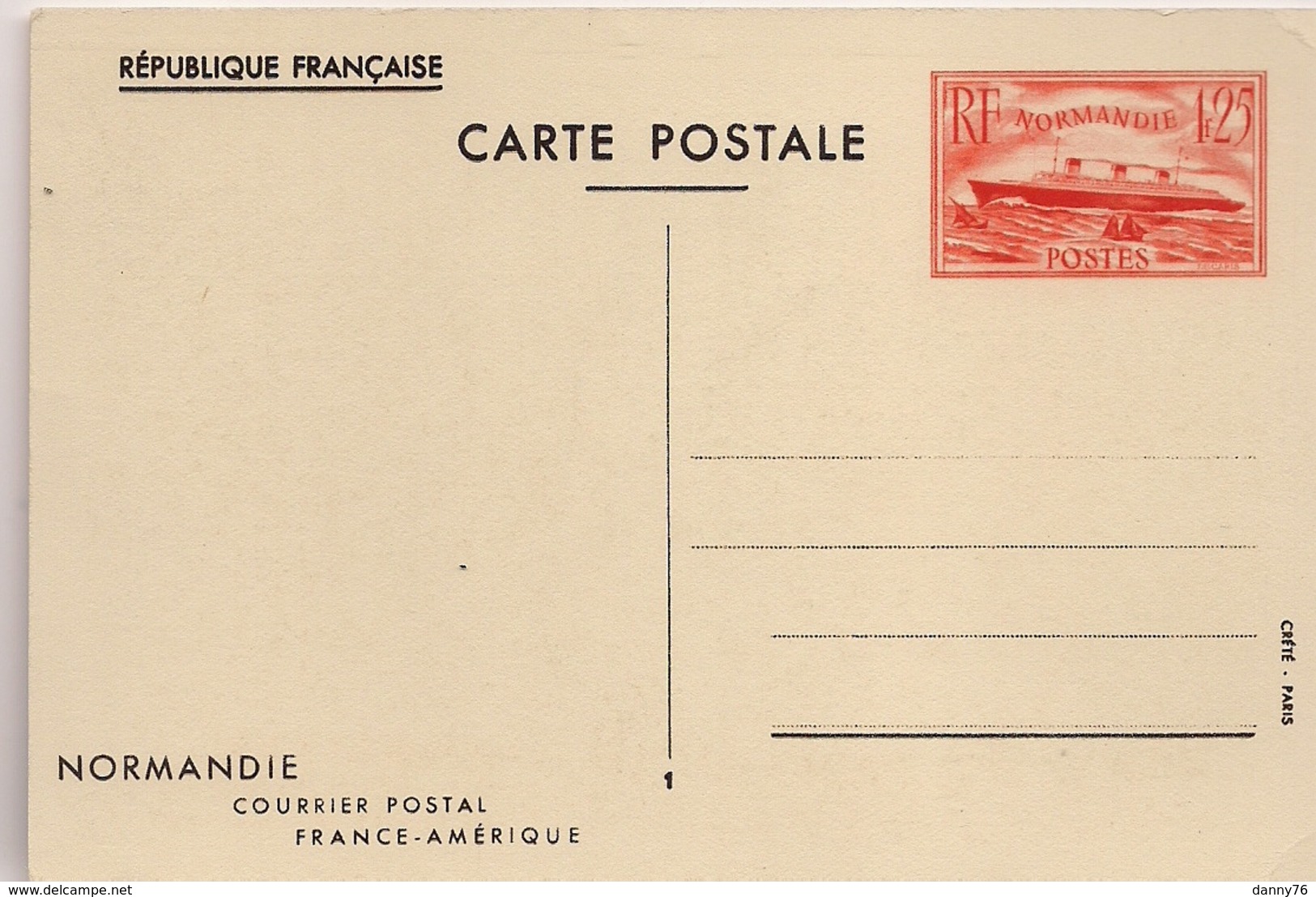 1939 * ENTIER POSTAL N° 299 CP1 * 1F25 VERMILLON * PAQUEBOT "NORMANDIE" Courrier France-Amérique- - Cartes Postales Types Et TSC (avant 1995)