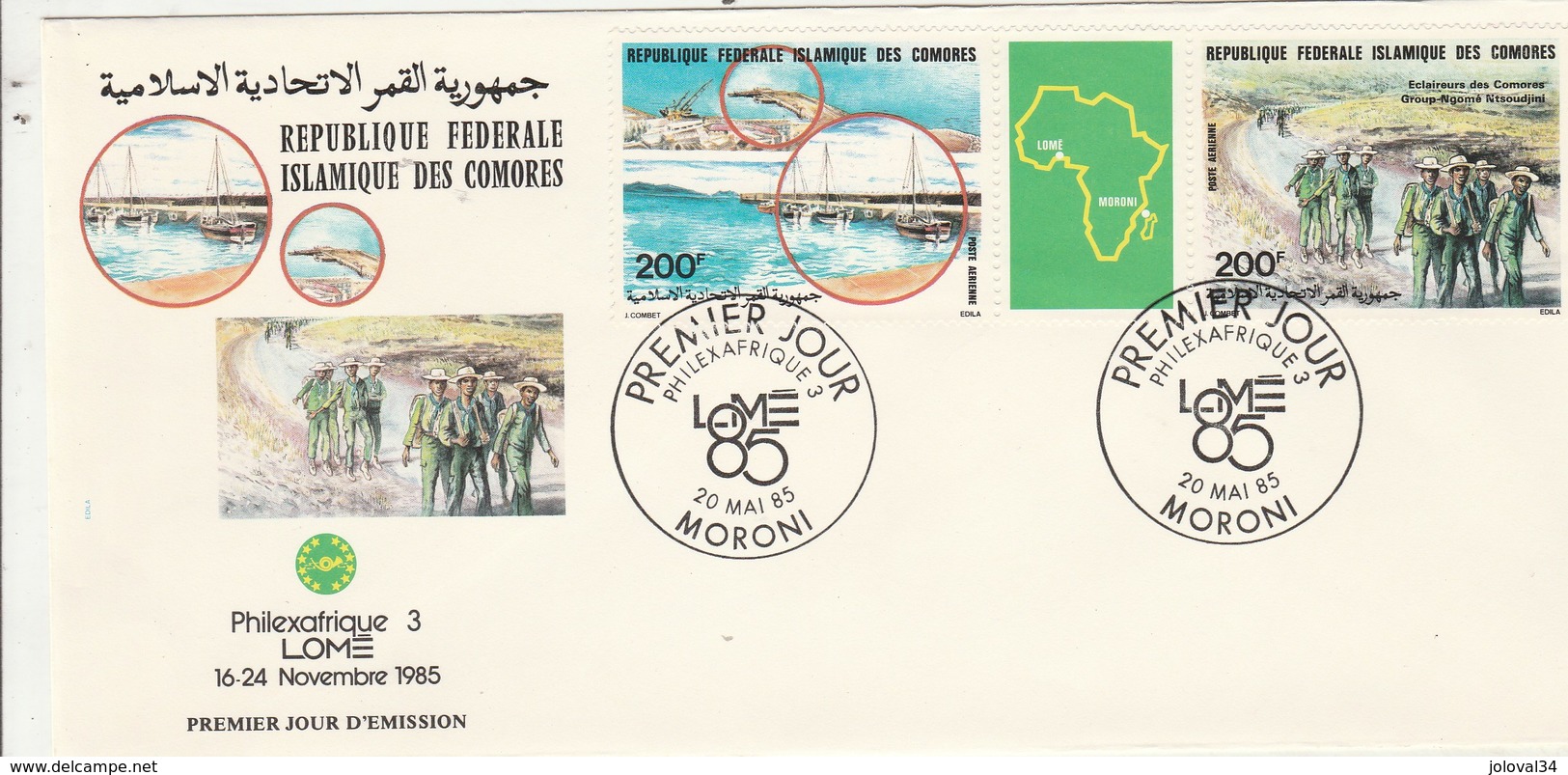 COMORES FDC 1985  Yvert  PA 212A Triptyque Avec Vignette Philexafrique Bateaux éclaireurs Scoutisme - Comoros