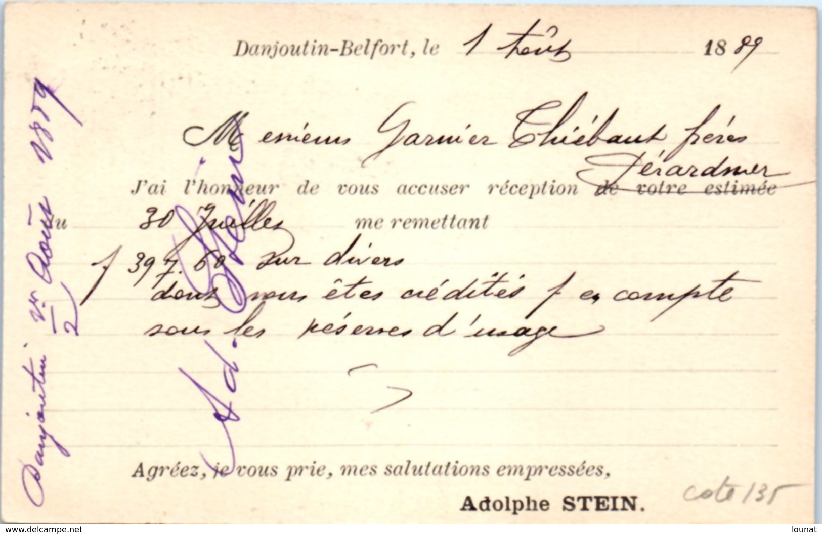 90 Danjoutin - BELFORT - Adolphe Stein   (oblitération , Entiers Postaux) - Danjoutin