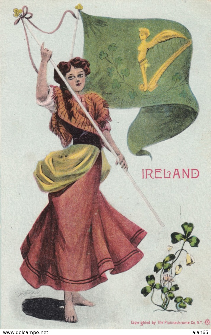 Ireland, Artist Image Woman With Irish Flag, C1900s Vintage US-issued Postcard - Other & Unclassified