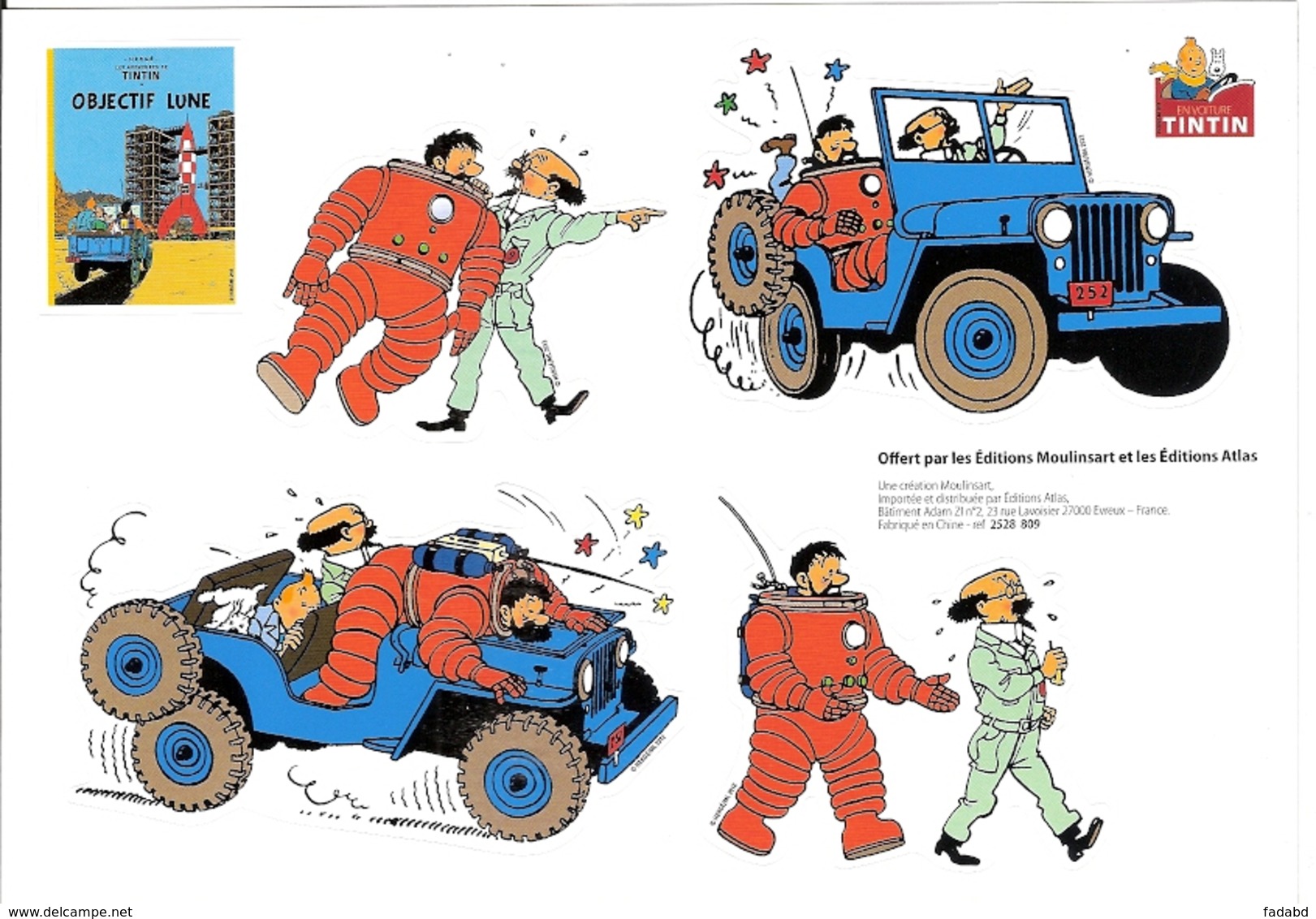 PLAQUE DE 4 AUTOCOLLANTS TINTIN EDITIONS ATLAS MOULINSART OBJECTIF LUNE - Autocollants