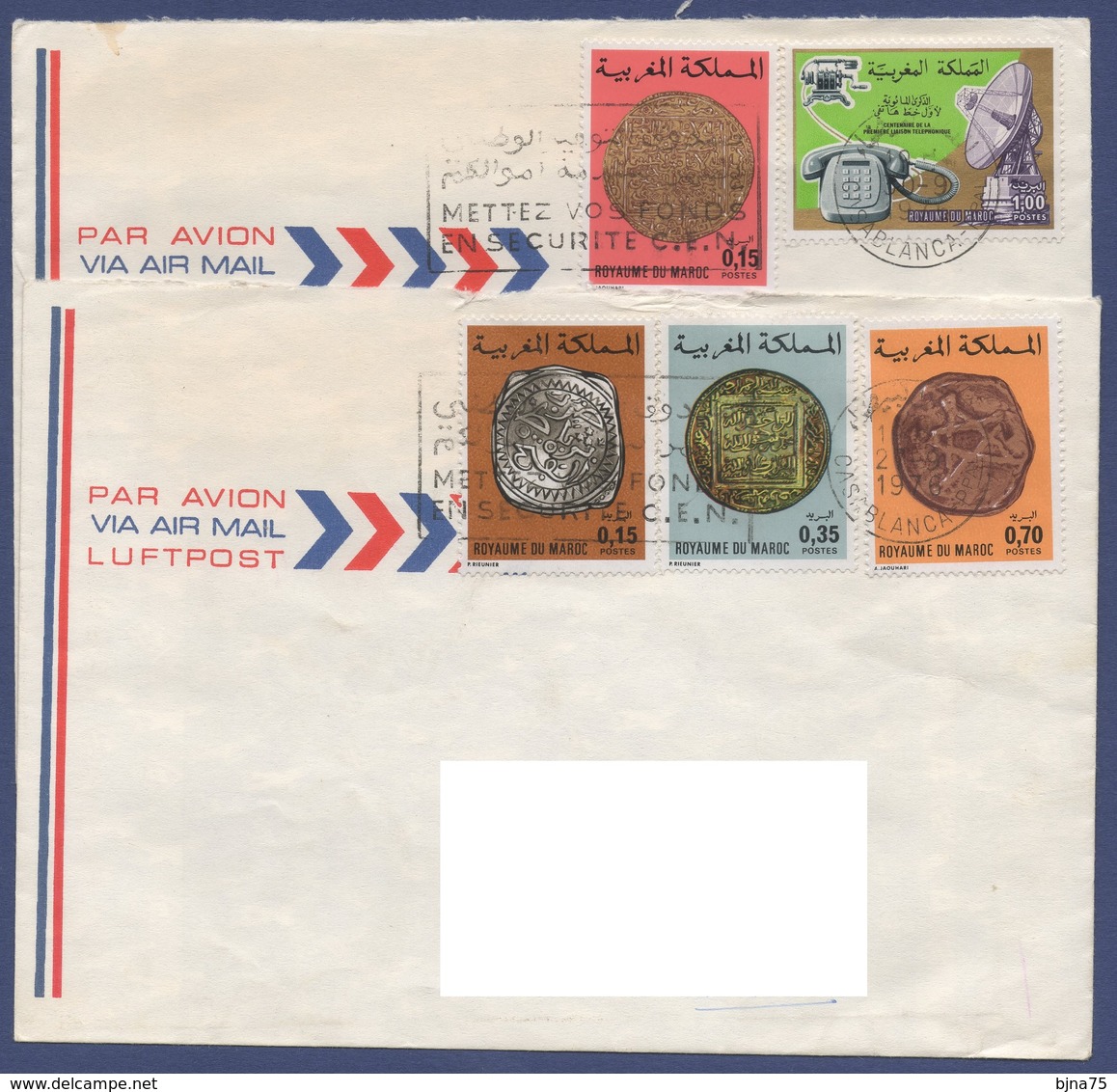 MAROC 1976-1979 N°  YT 775 776 Anciennes Monnaies Centenaire De La 1ere Liaison Téléphonique / Enveloppes Vers La France - Maroc (1956-...)