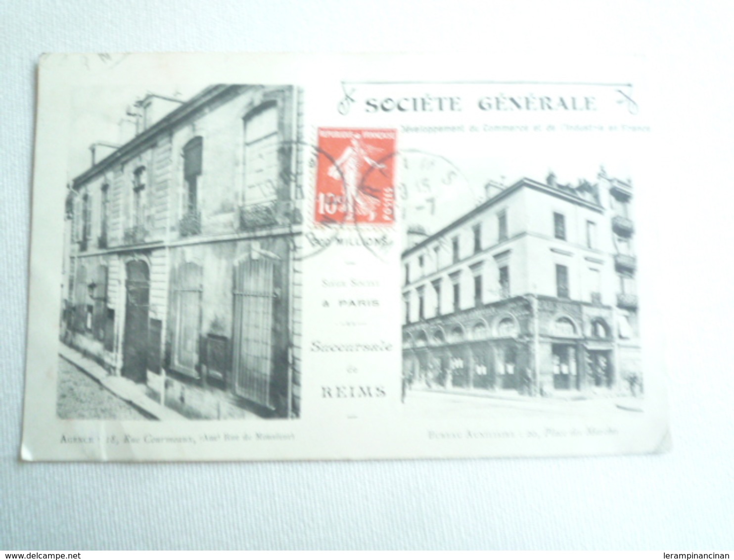 1908 REIMS BANQUE LA SOCIETE GENERALE AGENCE ET BUREAU EDITION ?  CIRCULÉE DOS DIVISE ETAT CORRECT - Reims