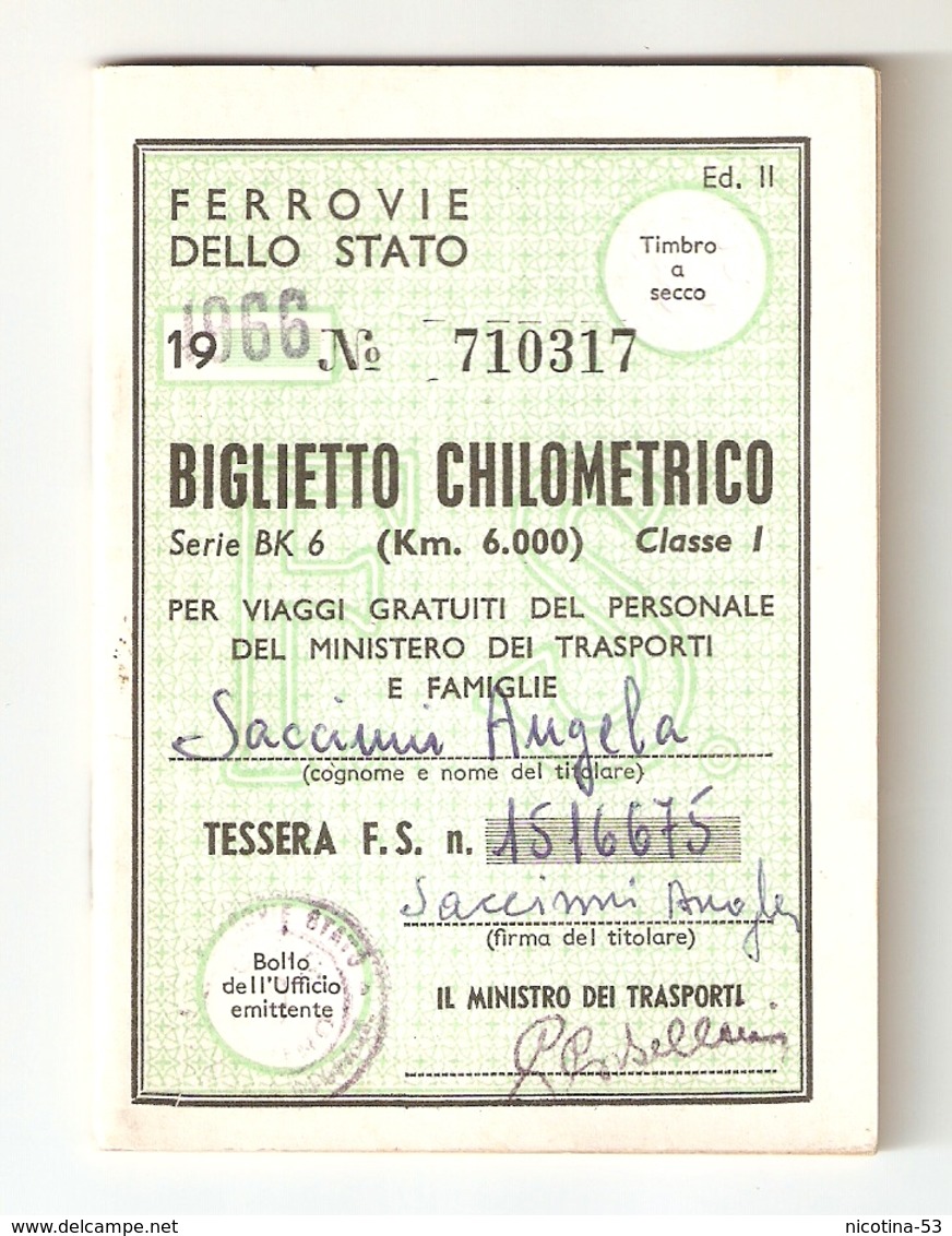 BIGLI--0013-- FERROVIE DELLO STATO-BIGLIETTO CHILOMETRICO ANNO 1966 - ( Km. 6000 ) - I CLASSE - Europa