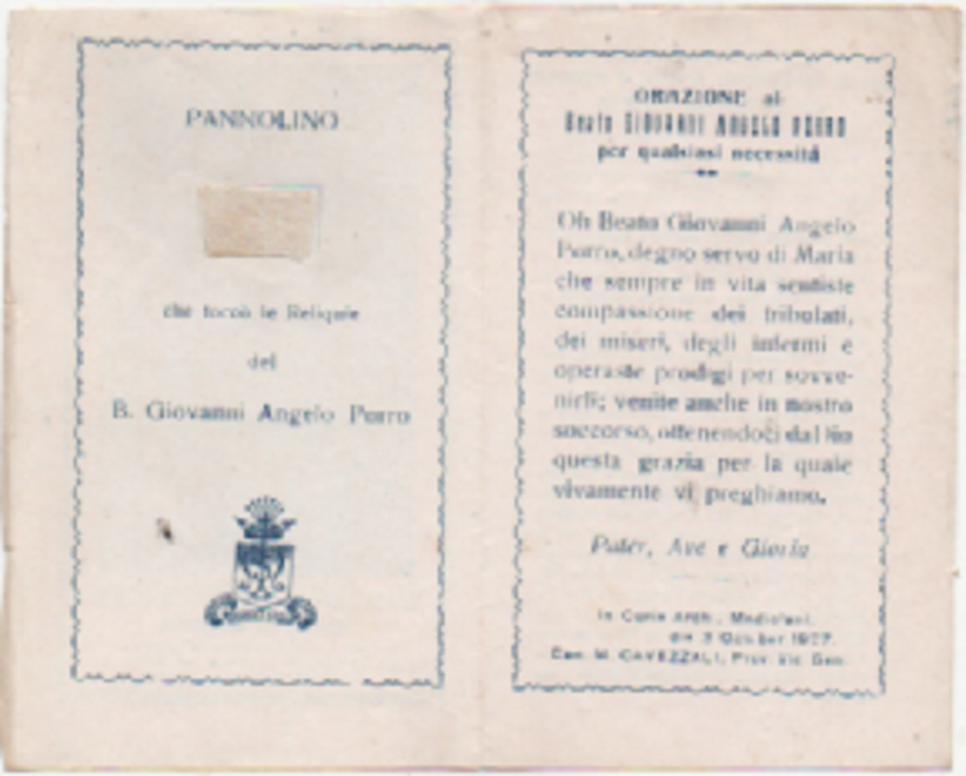 Santino Con Reliquia Del Beato Giovanni Angelo Porro (Barlassina, Monza E Brianza 1451 - Milano 1505) - Santini