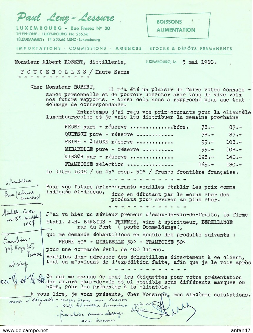 Facture Lettre 1960 / LUXEMBOURG /  LENZ-LESURE / Boissons, Alimentation / Robert Distillerie FOUGEROLLES 70 - Luxemburg