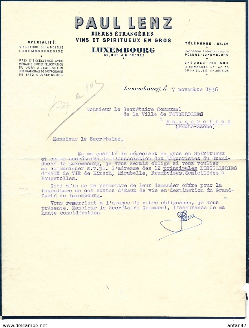 Facture Lettre 1936 / LUXEMBOURG /  LENZ-LESURE / Boissons, Alimentation /  FOUGEROLLES 70 - Luxemburg