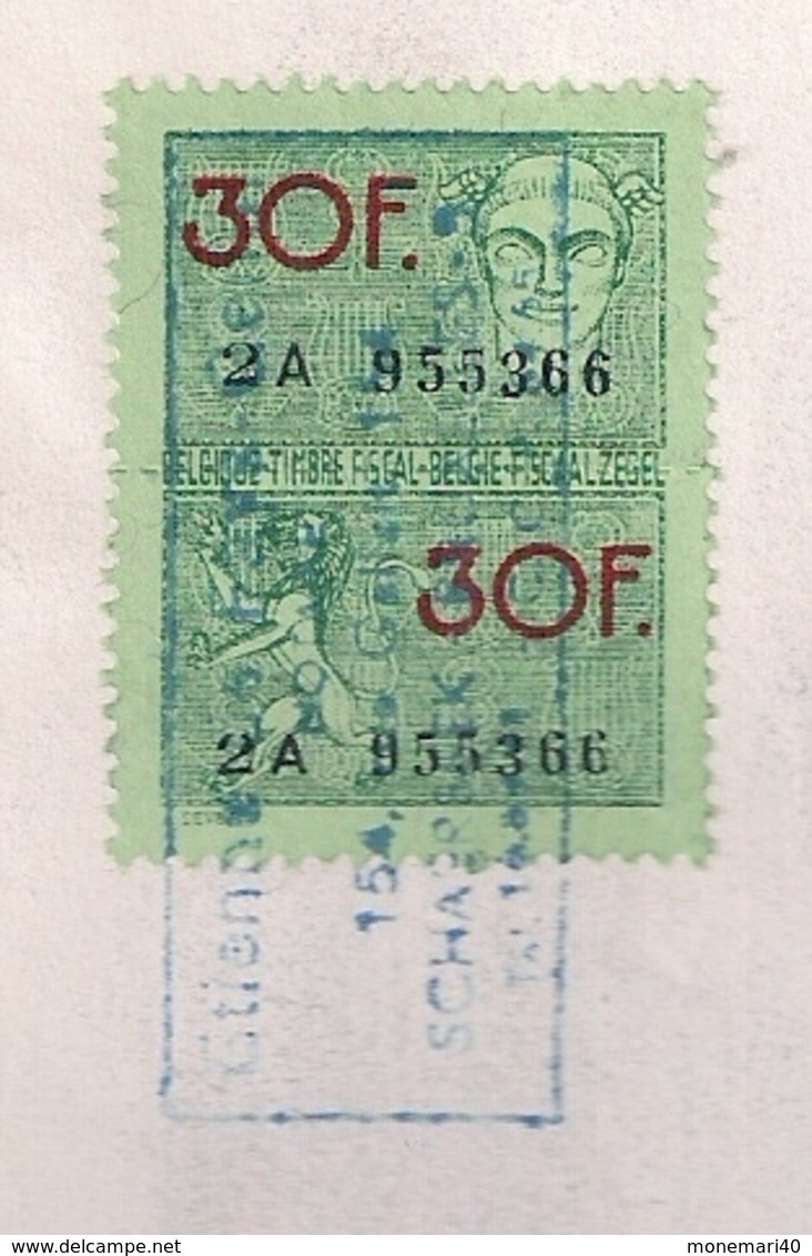 BELGIQUE - TIMBRE FISCAL 30 F - Vert (Oblitéré) - Stamps