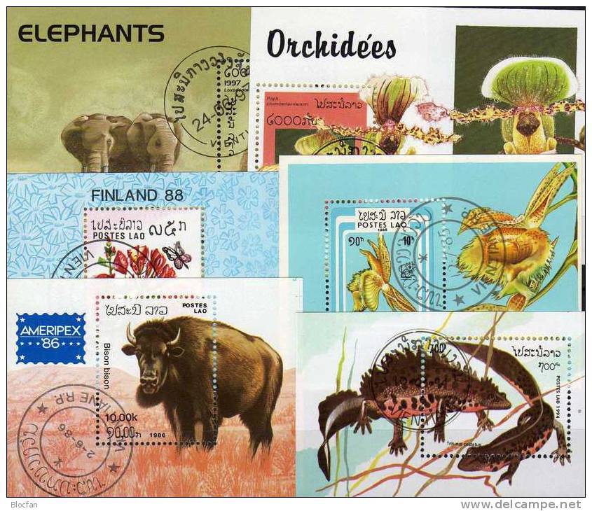 6 Motive Blocks Tiere Elefant Laos Block O 10€ Bison Reptilien Blumen Orchidee Hb Fauna Blocs Flora Sheet Bf Topics - Vrac (max 999 Timbres)