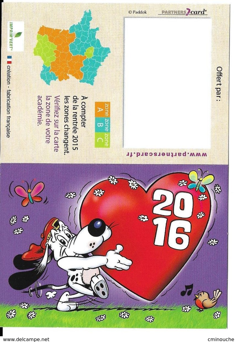 Calendrier De Poche 2016 "Paddok" Chien, Coeur, Papillon, Oiseau, Note De Musique, Fleurs - Small : 2001-...