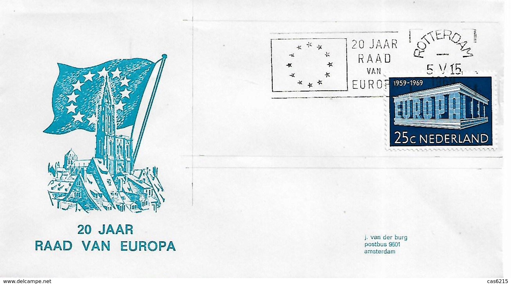 Pays-Bas Netherlands 1969 Envelope Avec Cachet "20 Ans Du Conseil De L'Europe" - Covers & Documents