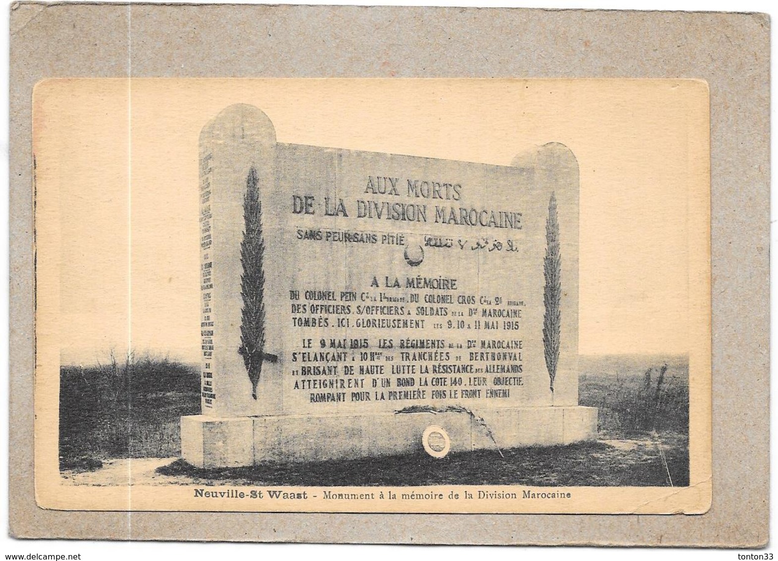 NEUVILLE ST WAAST - 62 - Monument à La Mémoire De La Division Marocaine - Edit Coppens - DELC4 - - Autres & Non Classés