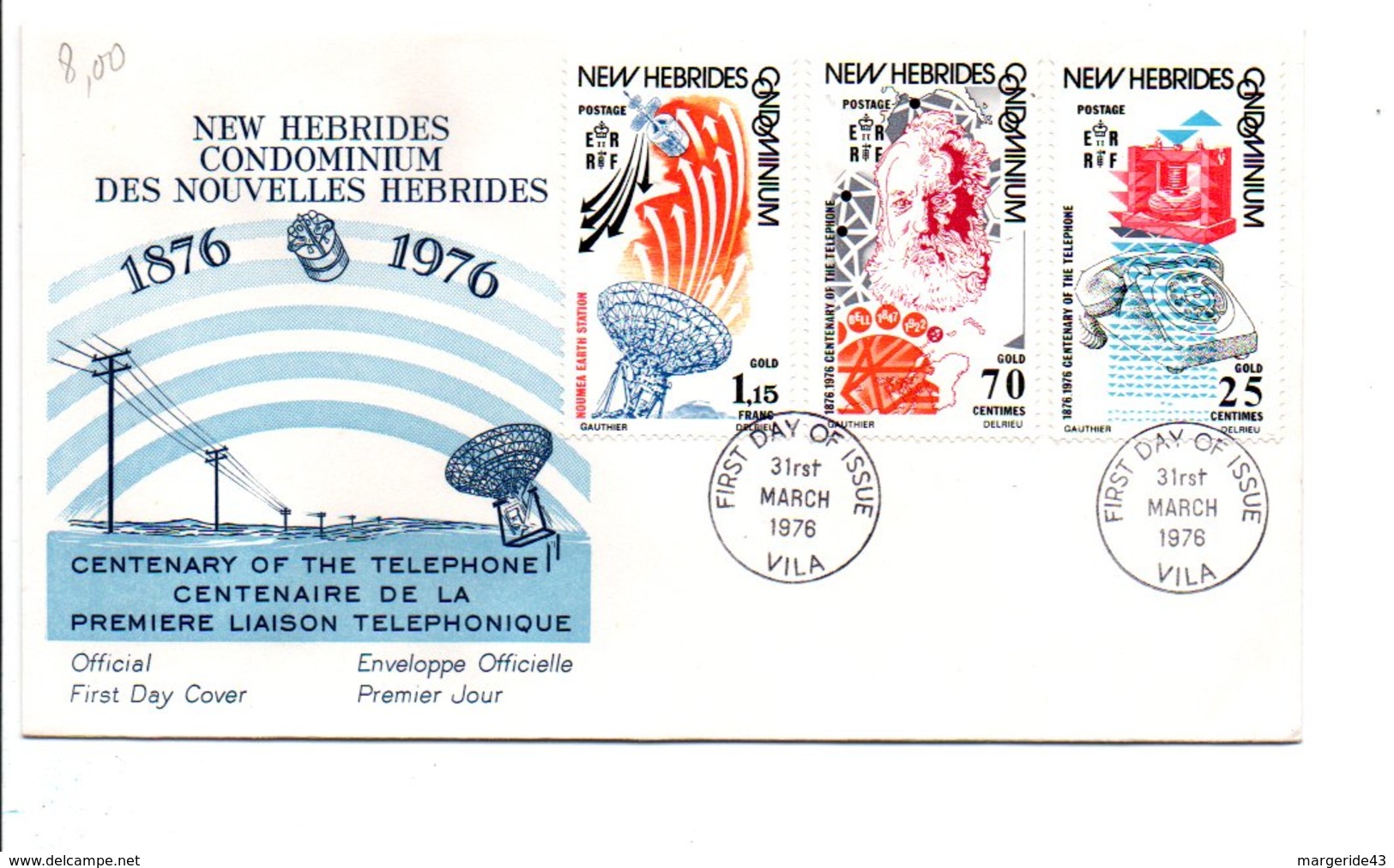 NOUVELLES HEBRIDES FDC 1978 CENTENAIRE DU TELEPHONE LEGENDE ANGLAISE - PRIX FIXE - FDC