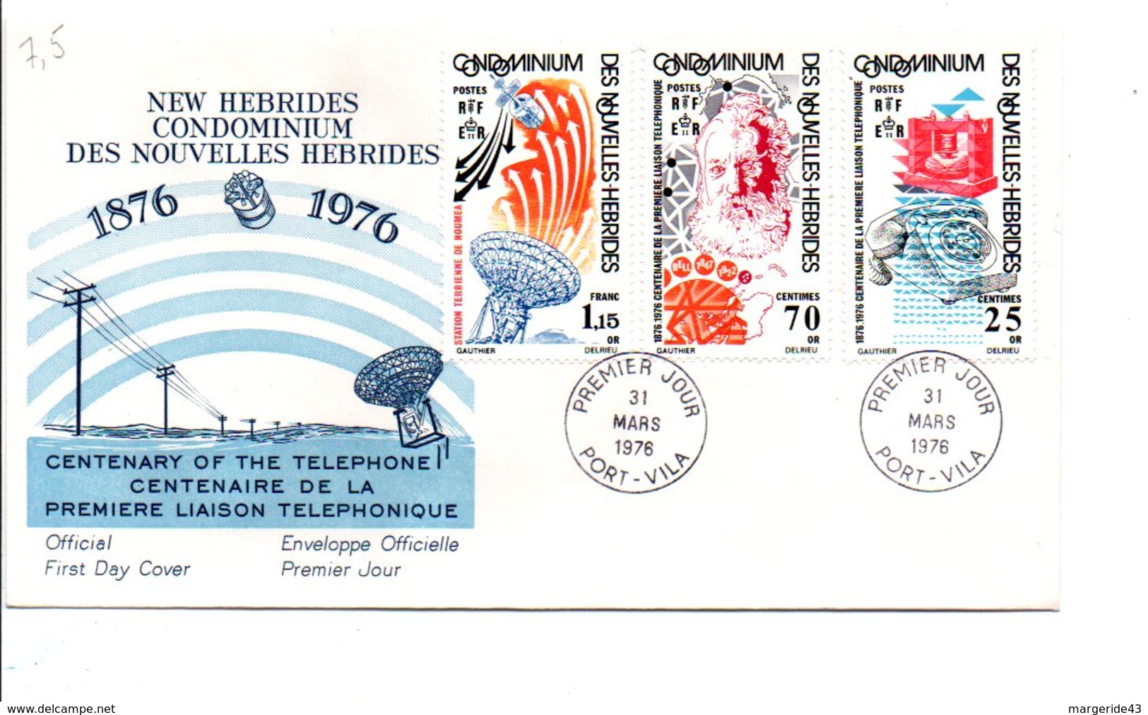 NOUVELLES HEBRIDES FDC 1978 CENTENAIRE DU TELEPHONE LEGENDE FRANCAISE - PRIX FIXE - FDC