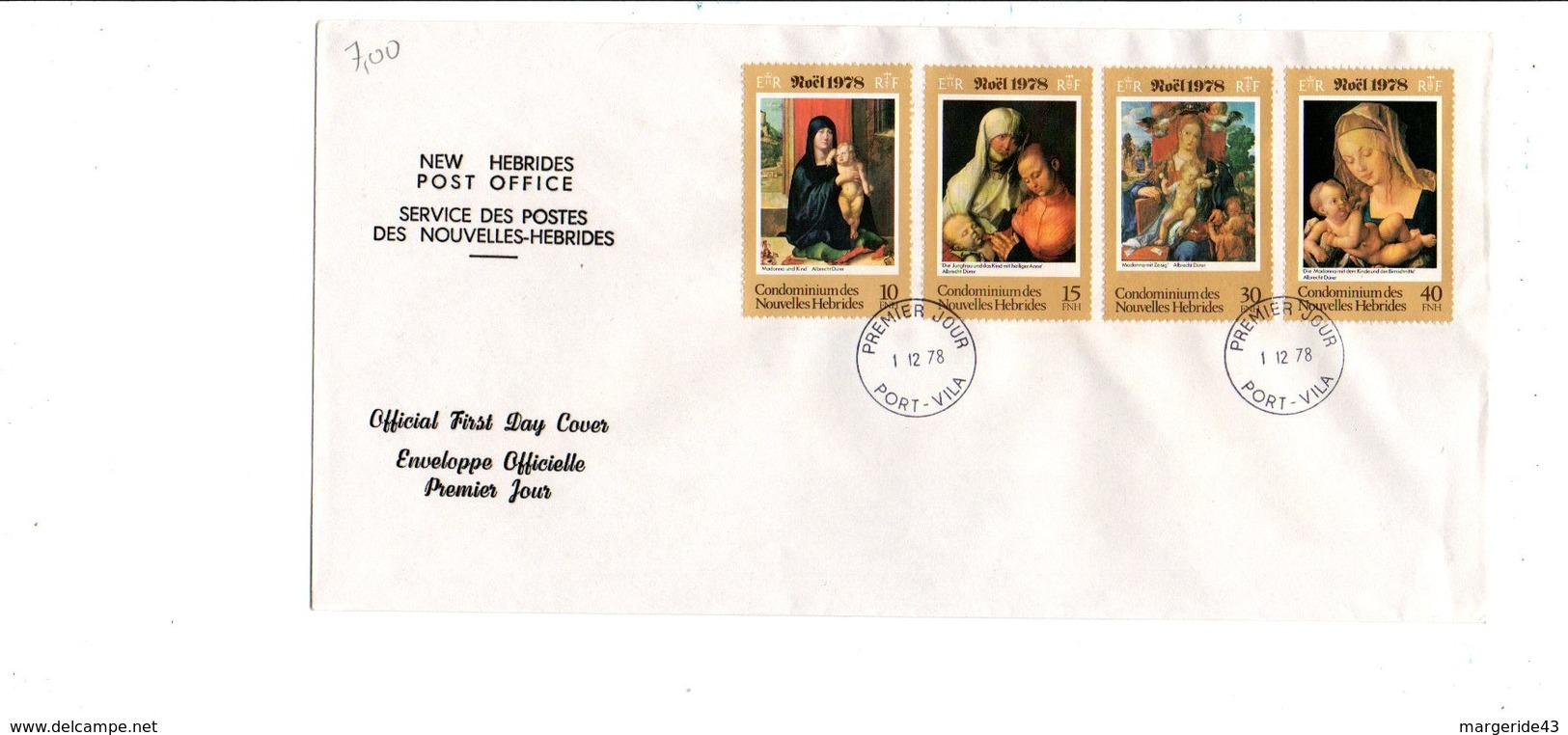 NOUVELLES HEBRIDES FDC 1978 NOEL LEGENDE FRANCAISE - PRIX FIXE - FDC