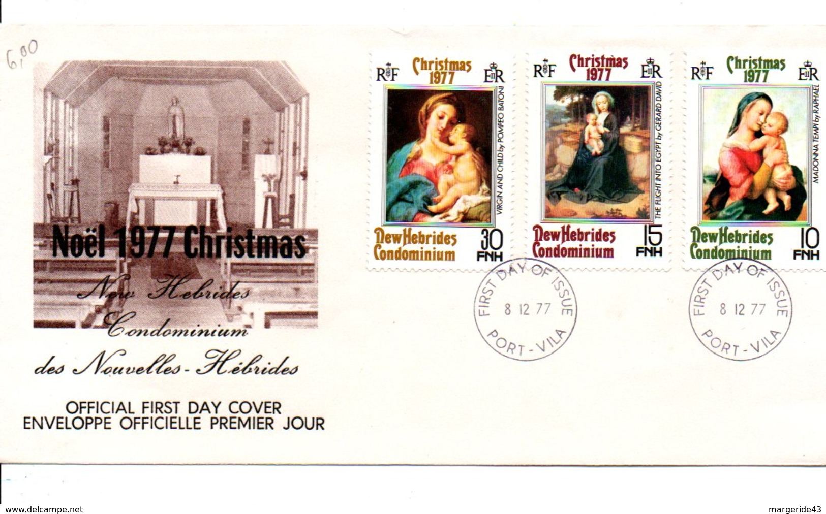 NOUVELLES HEBRIDES FDC 1977 NOEL LEGENDE FRANCAISE - PRIX FIXE - FDC