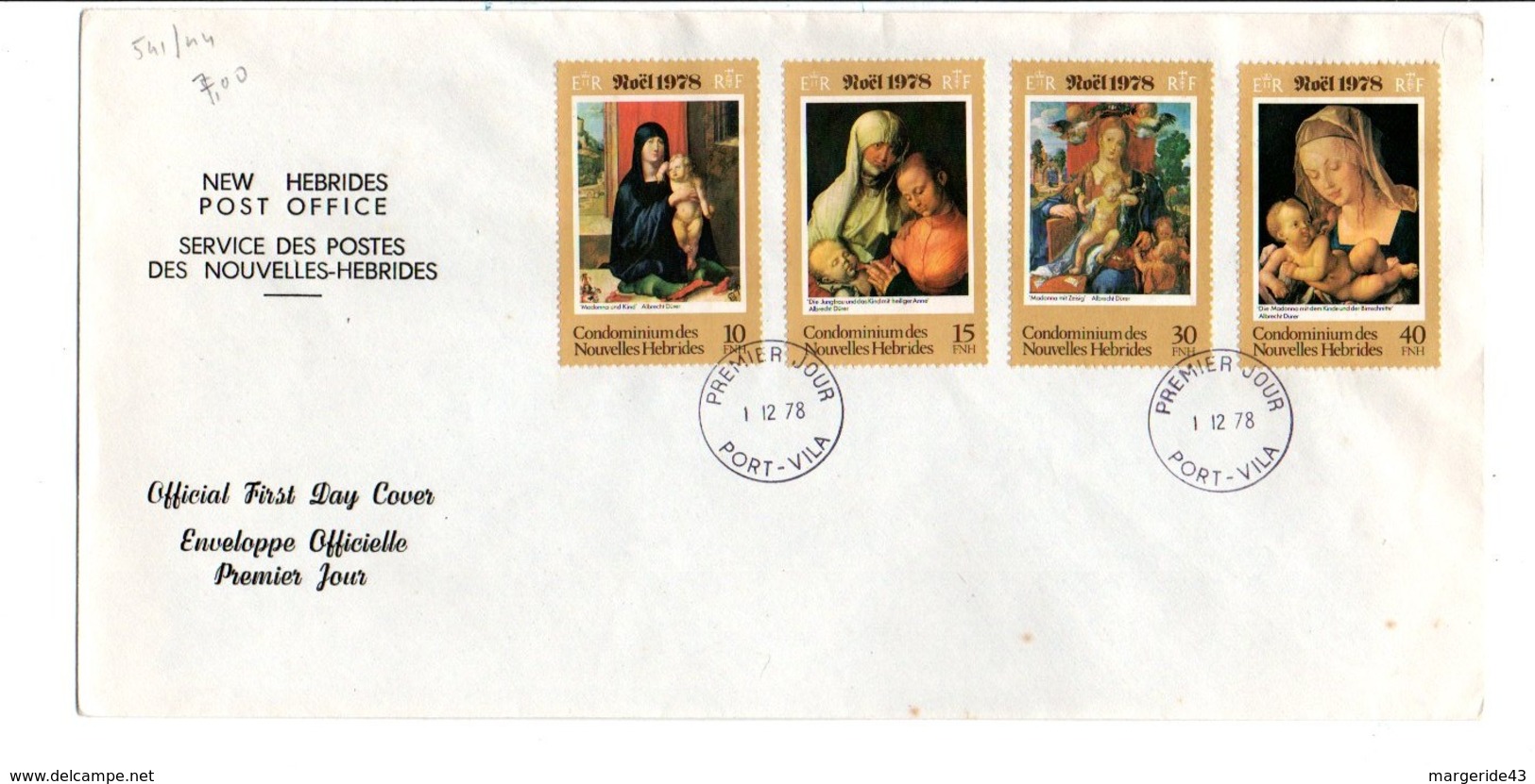 NOUVELLES HEBRIDES FDC 1978 NOEL LEGENDE FRANCAISE - PRIX FIXE - FDC