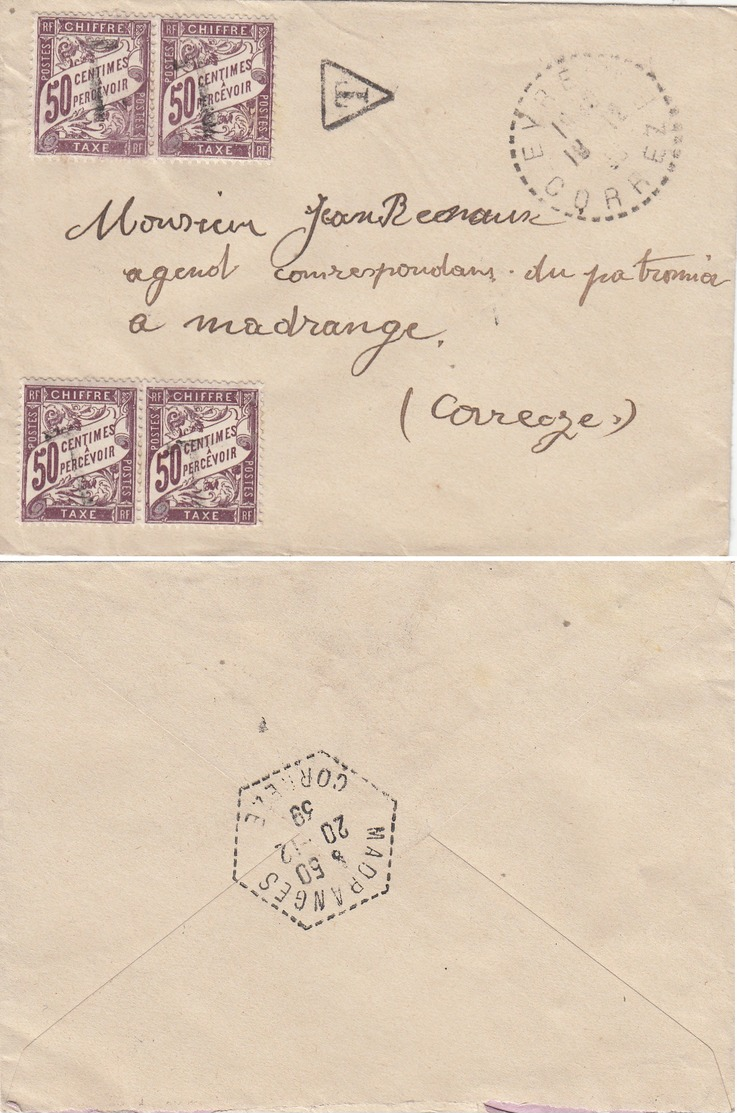 CORREZE ENV 1939 50C DUVAL X 4 TAXE DE MADRANGES AGENCE POSTALE SUR ENV ORIGINE RECETTE DISTRIBUTION EYREIN - 1849-1876: Classic Period