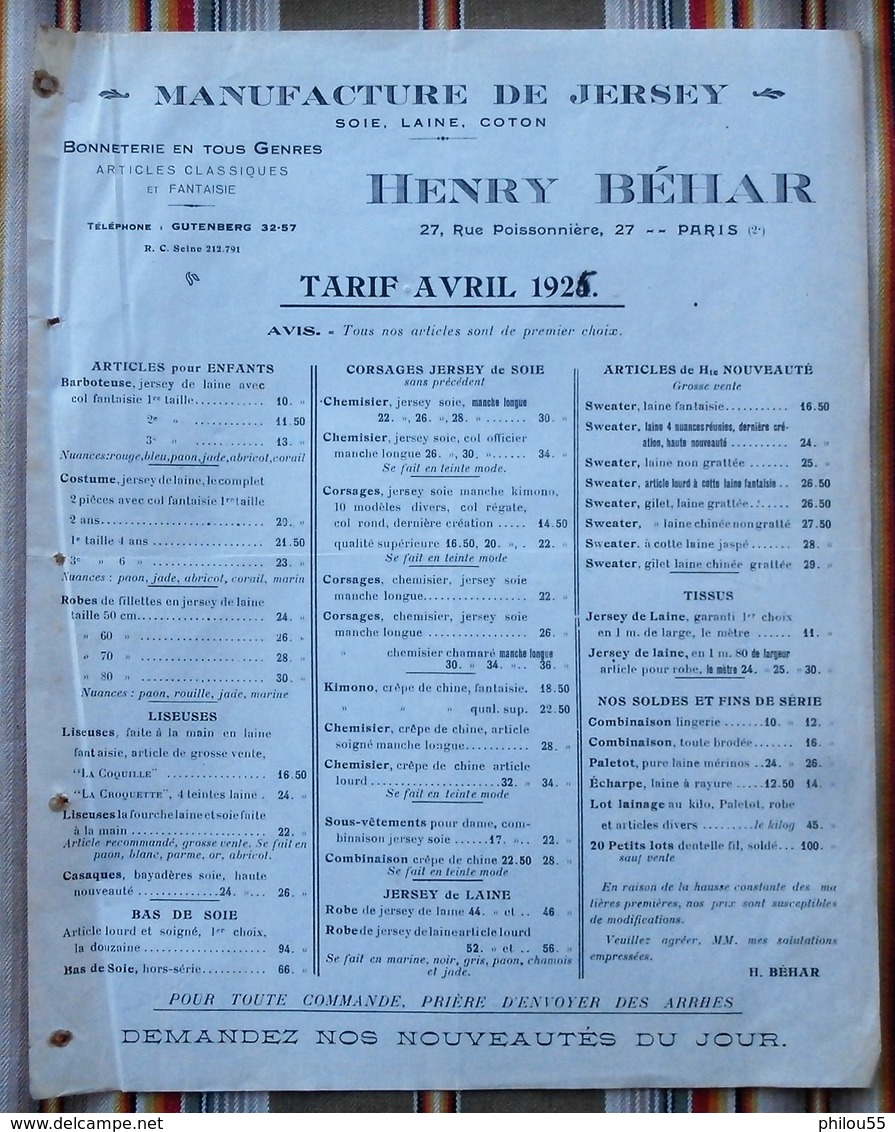 75 PARIS 2e MANUFACTURE DE JERSEY Henry Behar TARIF 1924 - Textile & Clothing