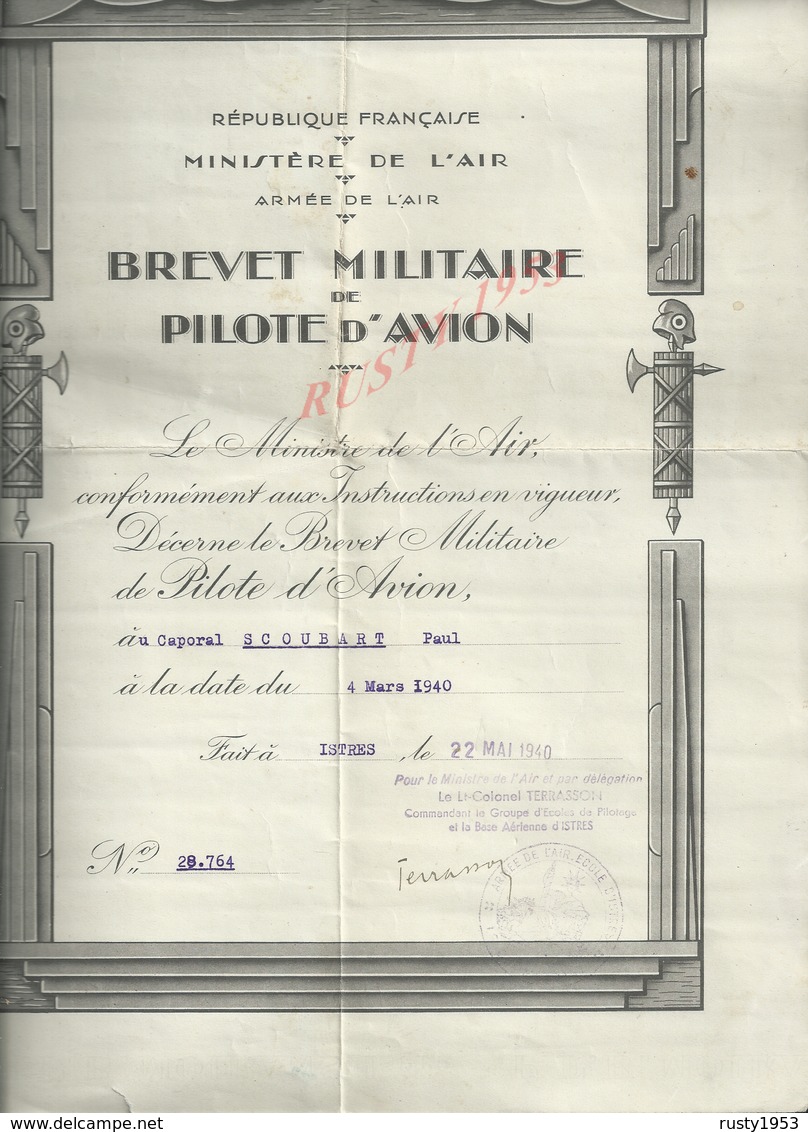 MILITARIA AVIATION MINSTÉRE DE L AIR BREVET MILITAIRE DE PILOTE D AVION CAPORAL SCOUBART PAUL ECOLE TAMPON ISTRES 1940 - Aviation