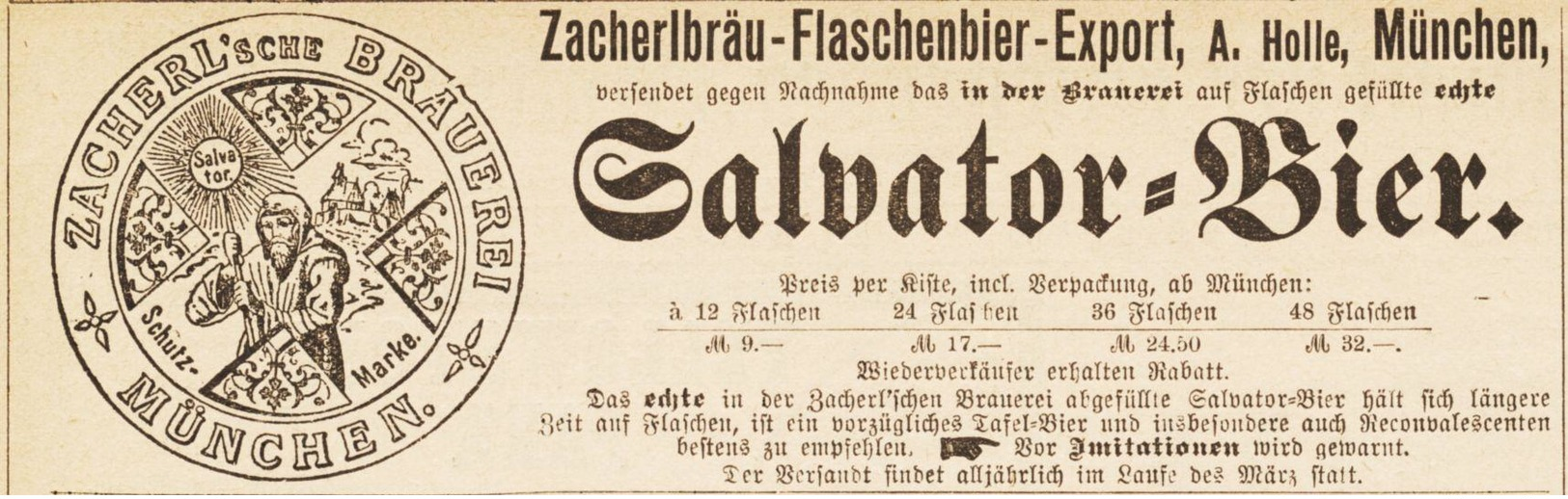 Original-Werbung/ Anzeige 1895 - SALVATOR-BIER - ZACHERL'SCHE BRAUEREI - MÜNCHEN - Ca. 140 X 45 Mm - Pubblicitari