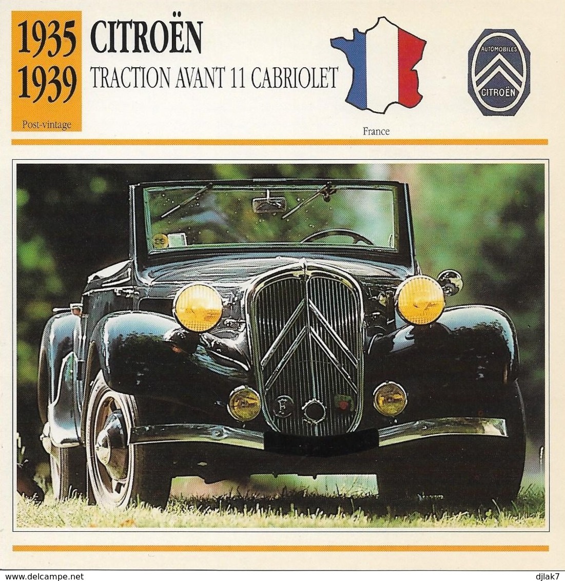 Fiche Editions Atlas Automobile Post-Vintage Citroën Traction Avant 11 Cabriolet - Voitures