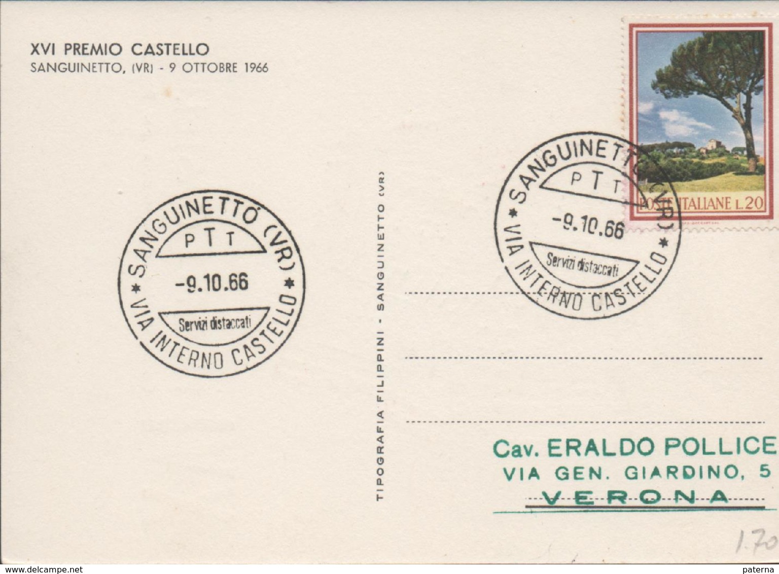 3332    Tarjeta  Postal  Sanguinetto (VR) 1966, Castello - 1961-70: Marcofilia