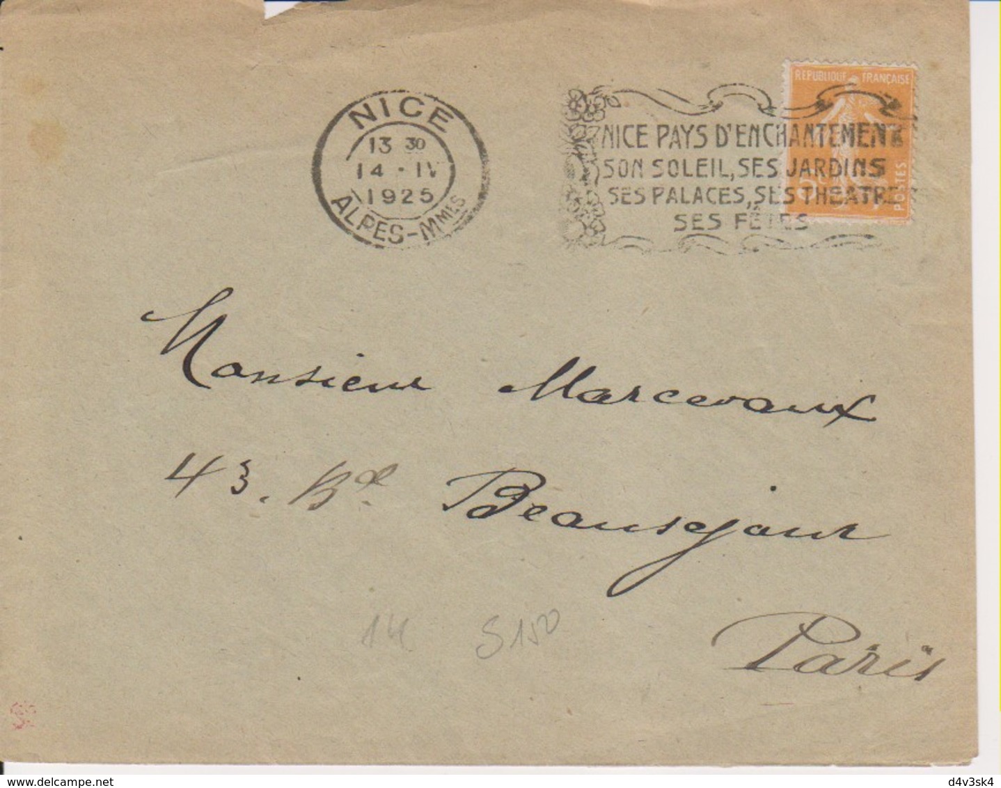 1925 France 06 Alpes Maritimes Nice Flamme 'Nice Pays D'Enchantement, Son Soleil, Ses Jardins, Ses Palaces...' - Mechanical Postmarks (Advertisement)