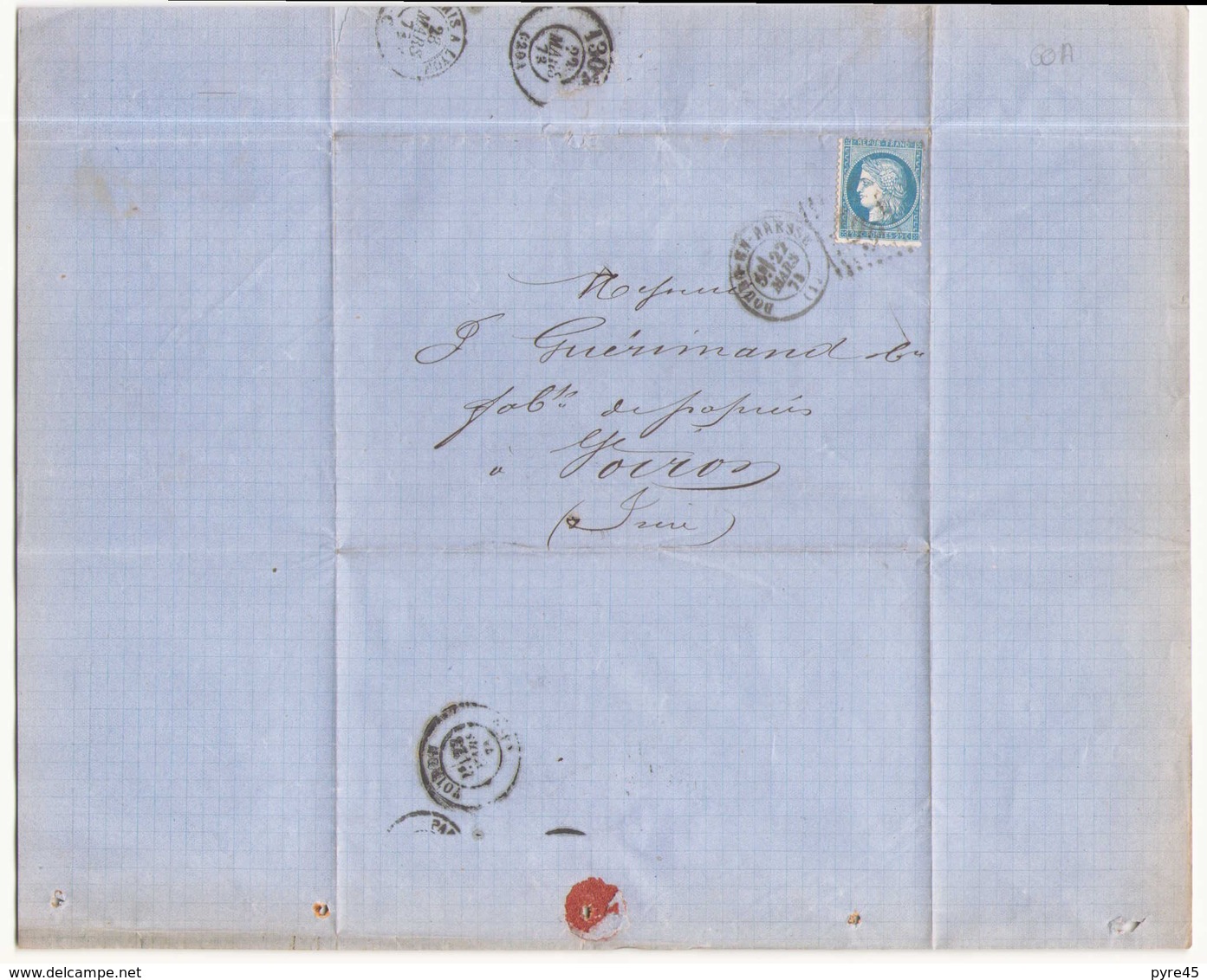 France Lettre Du 27 Mars 1873 De Bourg-en-Bresse Pour Voiron Timbre N° 60 A - 1871-1875 Cérès