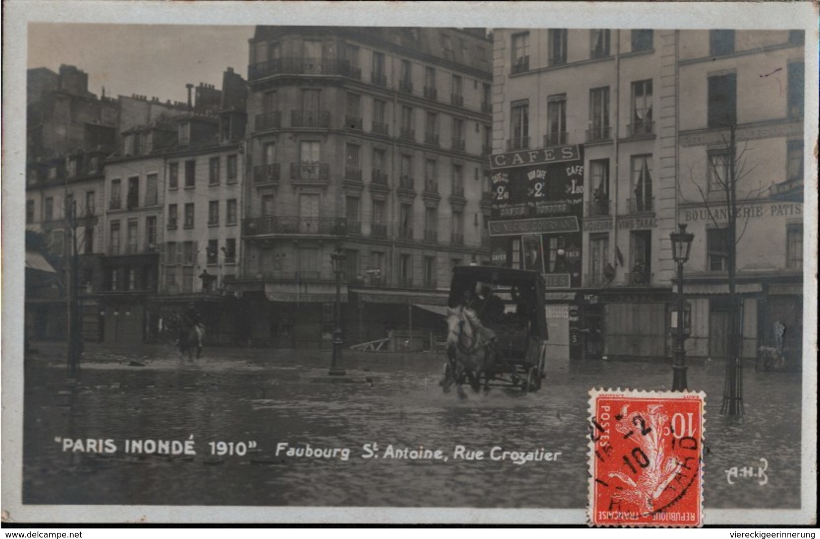 ! Cpa Paris Inonde 1910, Faubourg St. Antoine, Rue Crozatier, Kutsche, Cafe, Überschwemmung - Paris (11)