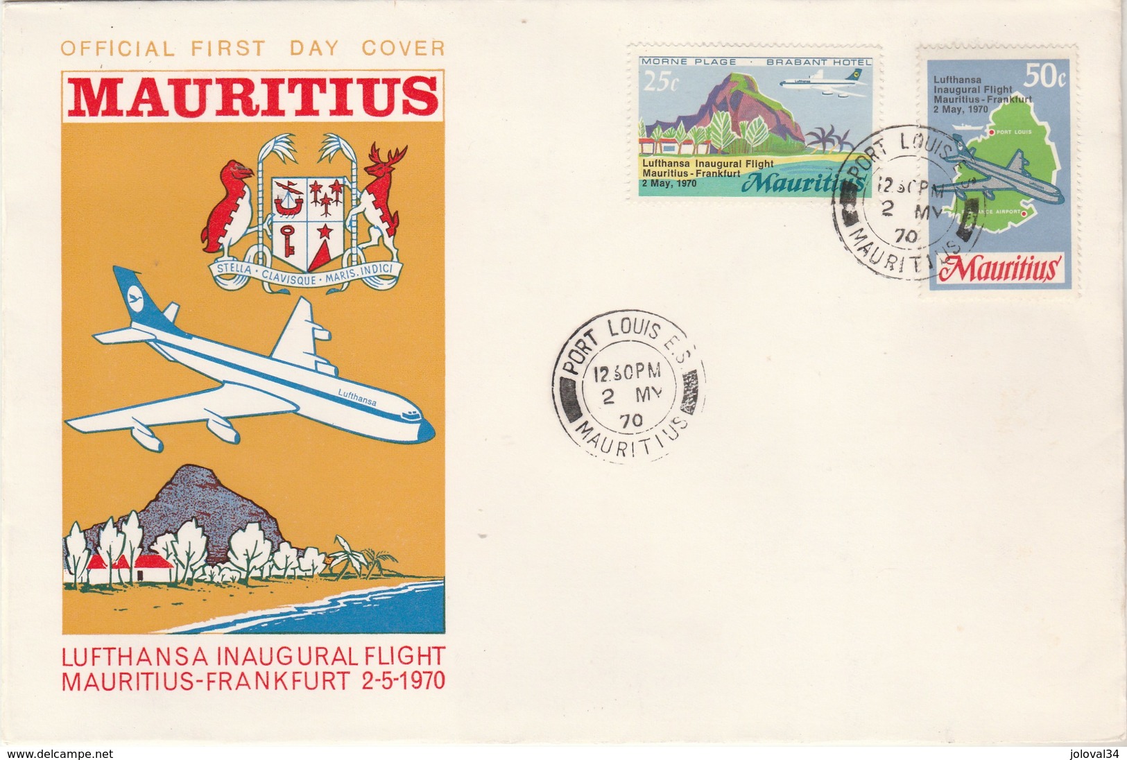 MAURICE - FDC 1970 - Vol Inaugural Mauritius Frankfurt - Avion Aviation - Maurice (1968-...)