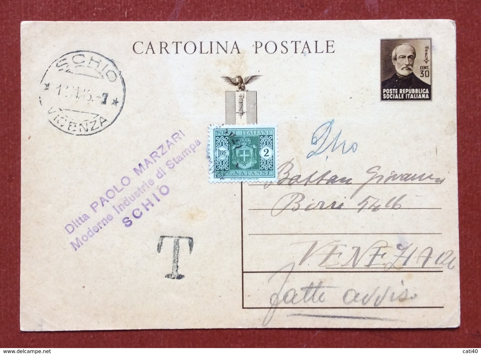 INTERO POSTALE  REPUBBLICA SOCIALE MAZZINI 30 C.  Da SCHIO VICENZA A VENEZIA IN DATA 16/11/45 SEGNO T DI TASSA E L. 2 - Stamped Stationery