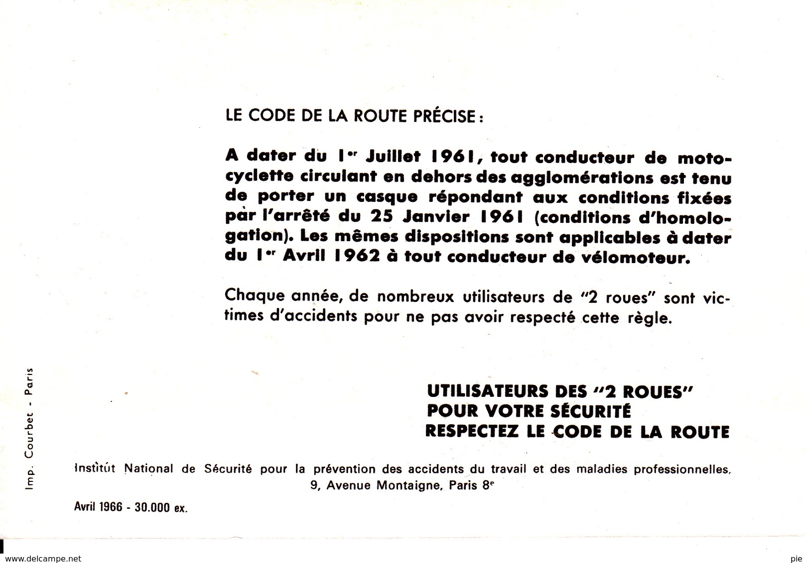 Pub Sécurité Routière 2 Roues " Portez Un Casque Règlementaire" (1966) - Otros & Sin Clasificación