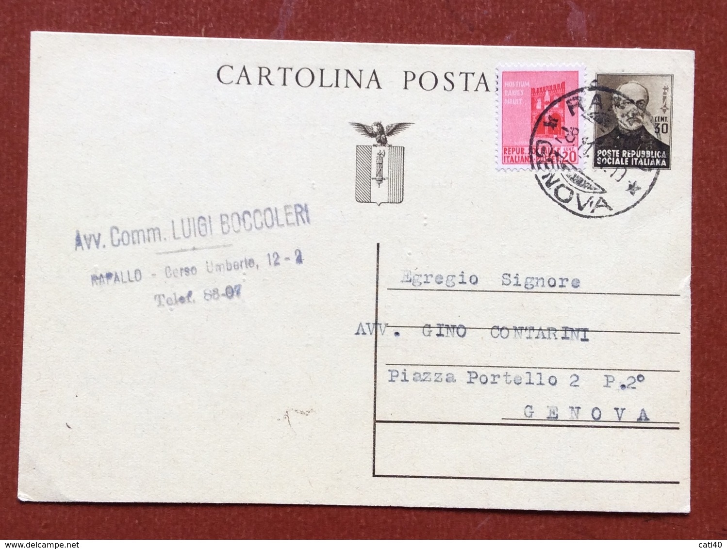 INTERO POSTALE  REPUBBLICA SOCIALE MAZZINI 30 C. + 20 C. DA RAPALLO  (avv.Luigi Boccoleri) A GENOVA IN DATA 8/11/44 - Ganzsachen