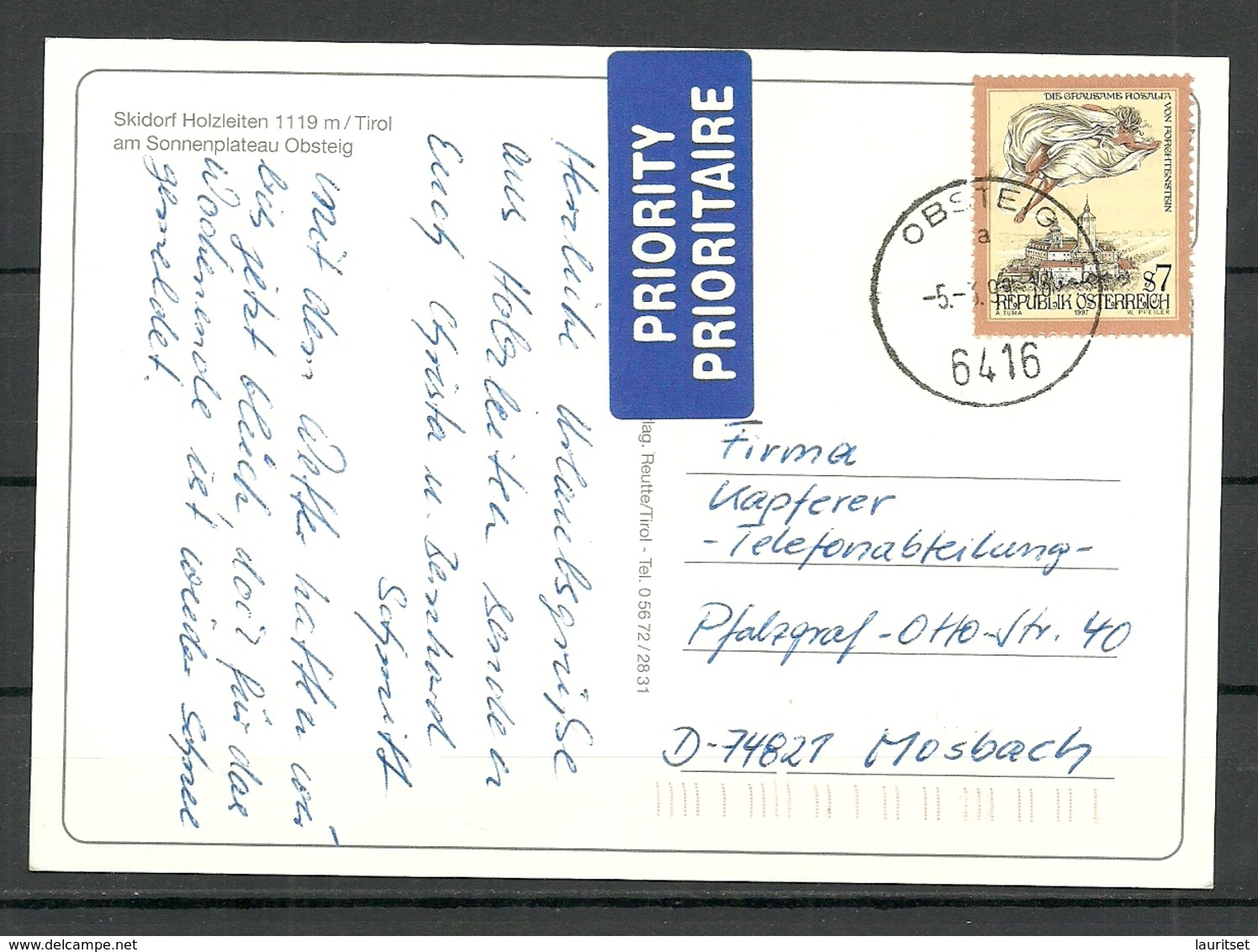 AUSTRIA Skidorf HOLZLEITEN Obersteig Tirol (gesendet 1999, Mit Briefmarke) - Sonstige & Ohne Zuordnung