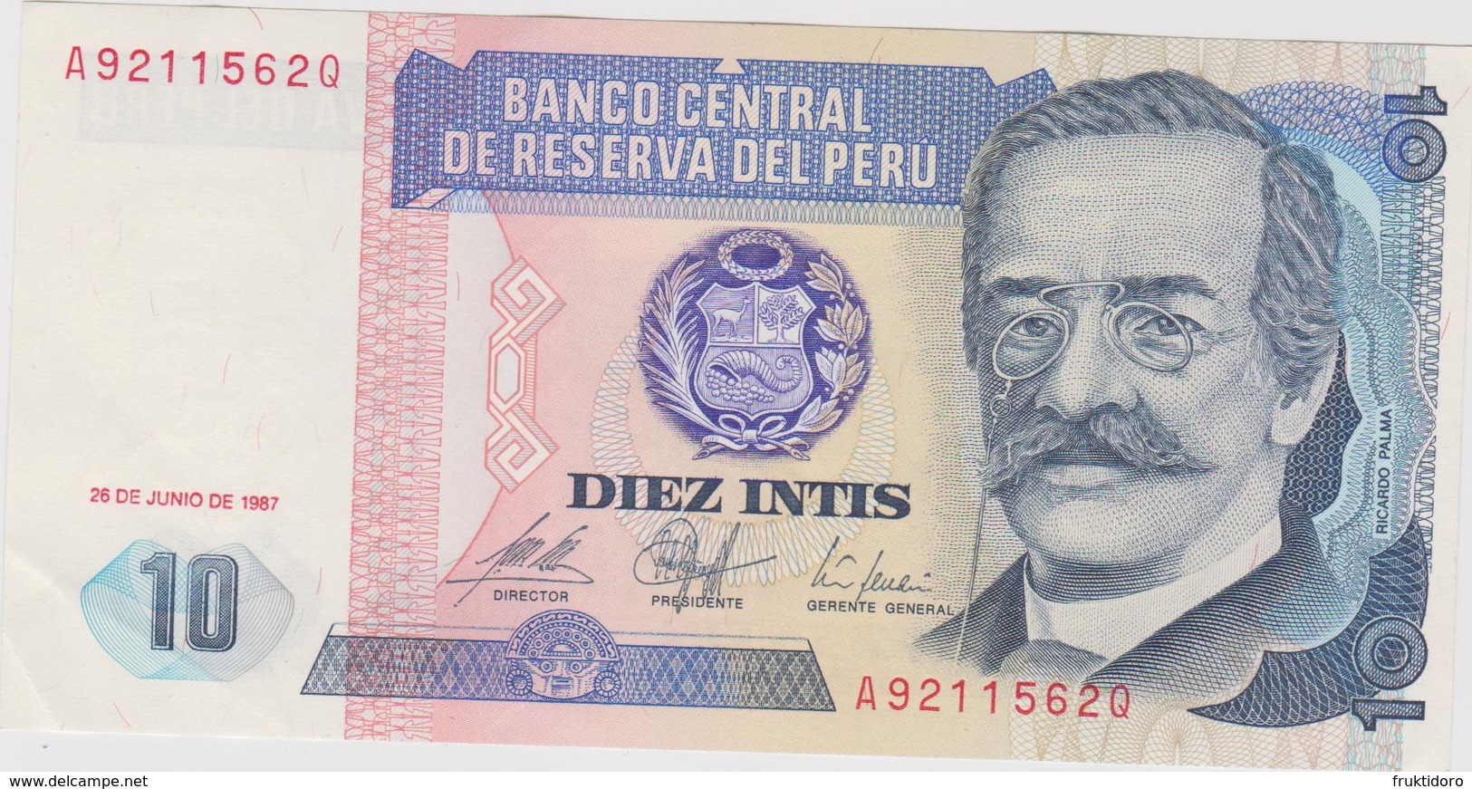 Banknote Peru 10 Intis - Ricardo Palma - Writer - Coat Of Arms - 1985 - Peru