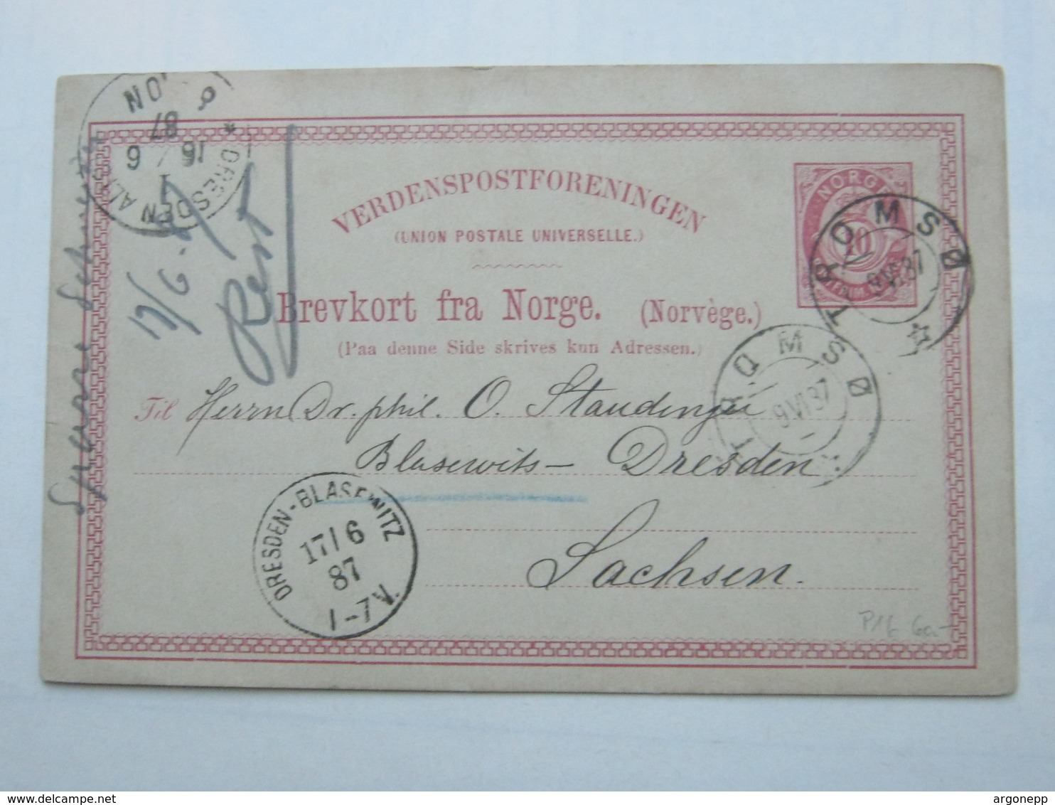 1887 , Karte Aus  Tromso Nach Dresden Mit Maschinenstempel Als Ankunftstempel - Briefe U. Dokumente