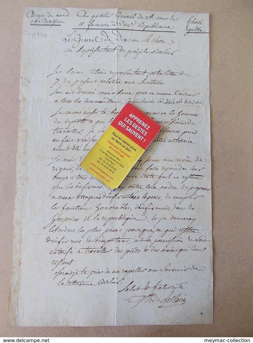Militaria ARMEE DU NORD LAS GENERAL LECLAIRE COMMANDANT 16 DIV. MILITAIRE 11 FRIMAIRE AN3 1 SEPT 1794 ST OMER - Autres & Non Classés