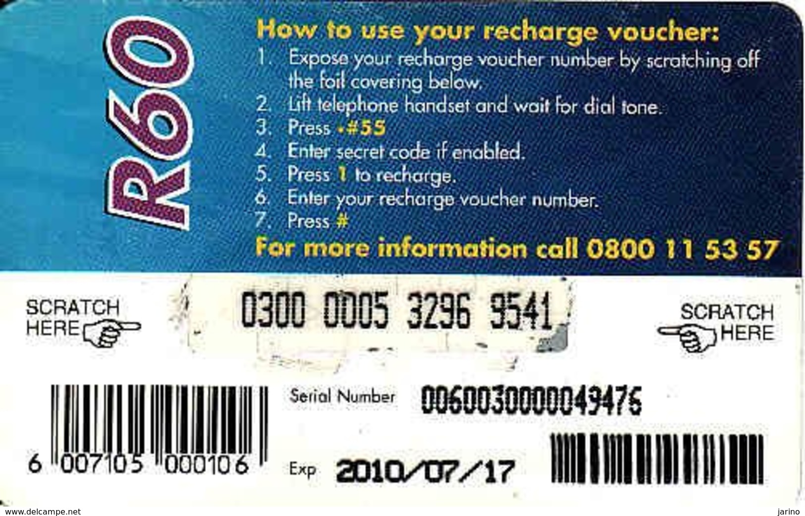 Afrique Du Sud-South Africa, Telkom PrepaidFone Recharge R60 - Sudafrica