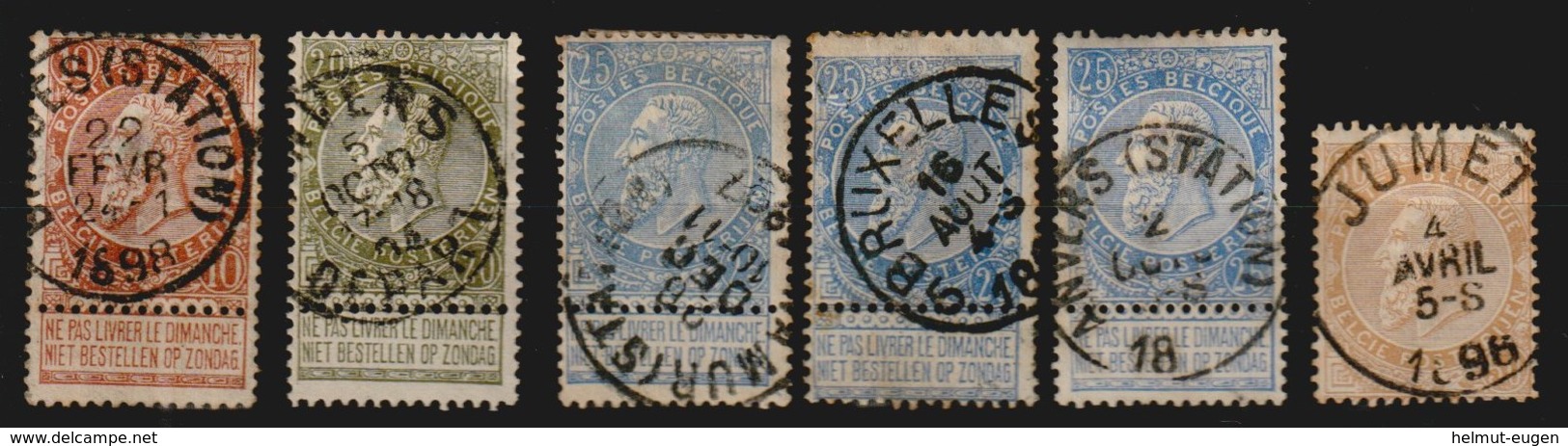 MiNr. 53, 54, 55, 57  Belgien / 1893, 1. Juni/1. Nov. Freimarken: König Leopold II. Bdr.; Gez. 14. - 1893-1900 Schmaler Bart