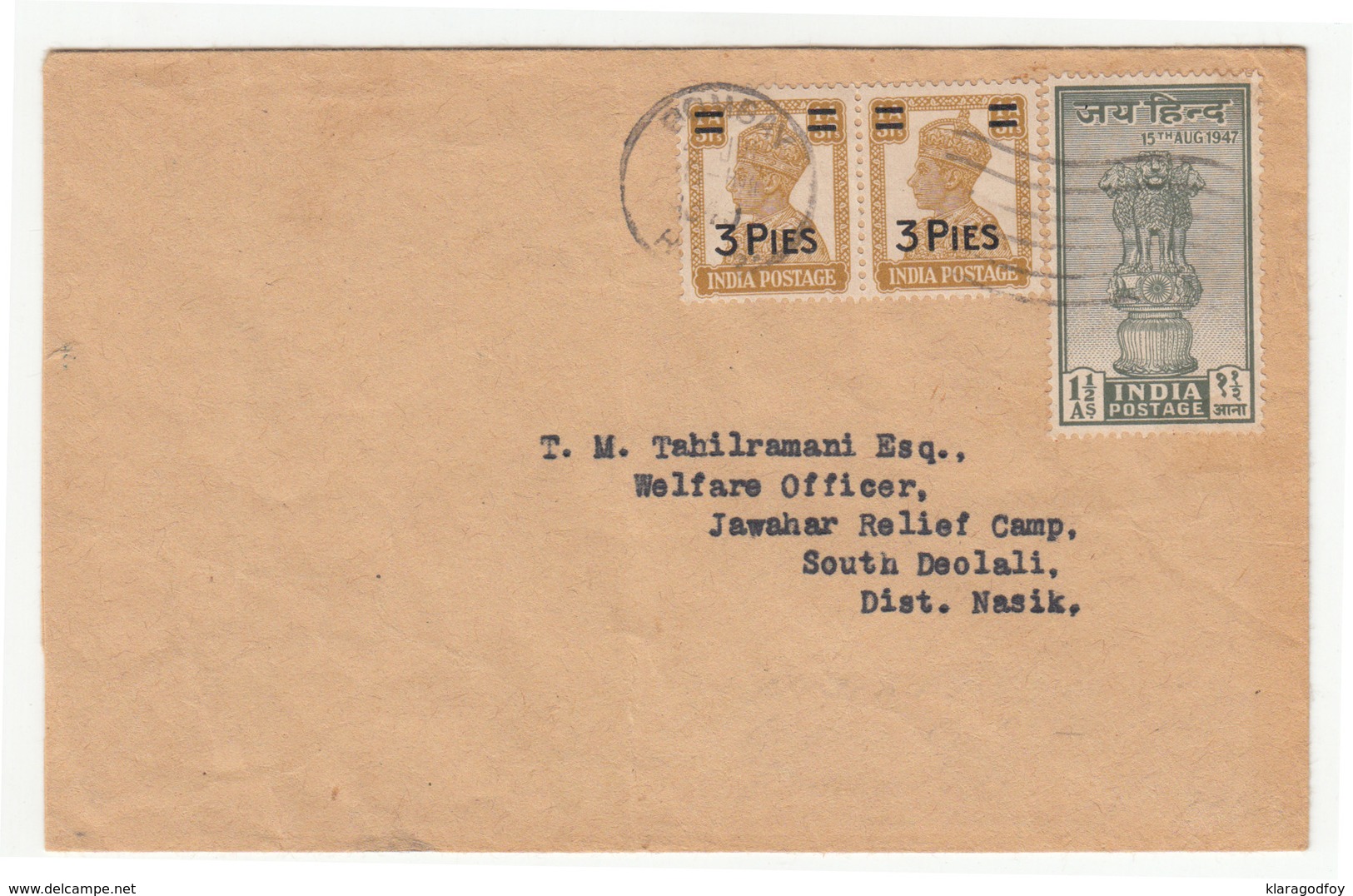 India Letter Cover Travelled 1946 Bombay To Jawahar Relief Camp B181020 - 1936-47 King George VI