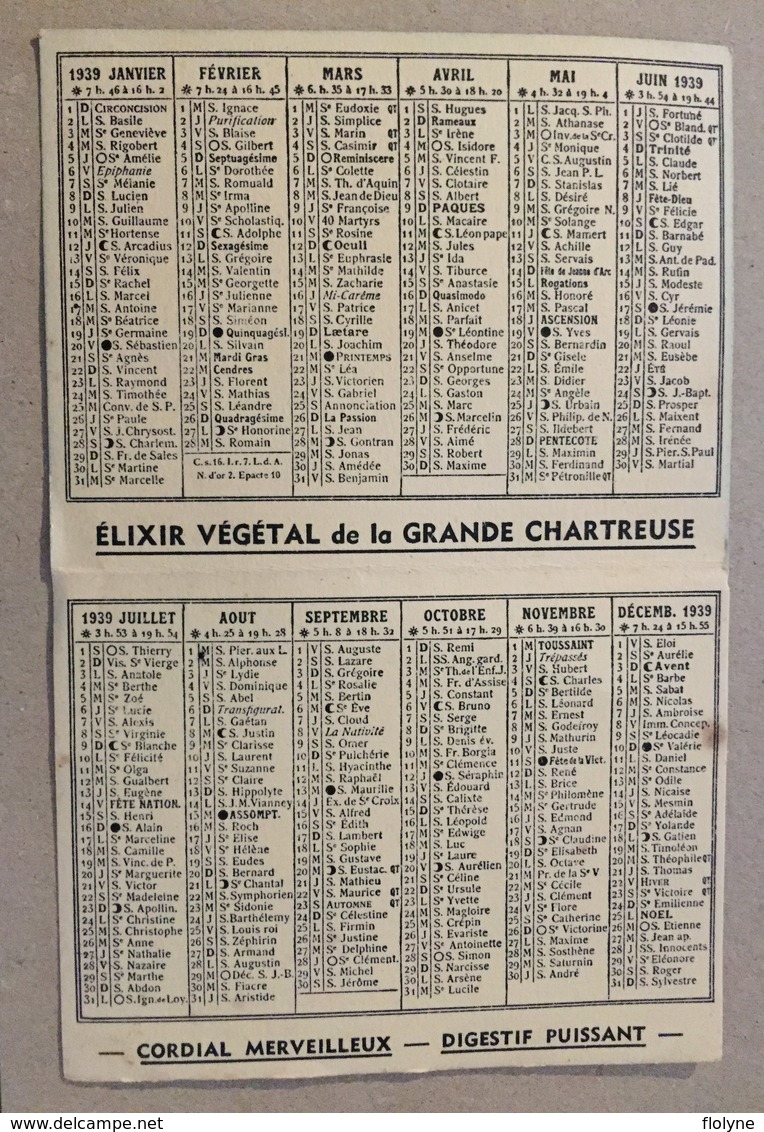 Calendrier 1939 - " Grande Chartreuse - Fabrication Pères Chartreux - Jaune & Verte " - Calendar - AA119 - Petit Format : 1921-40