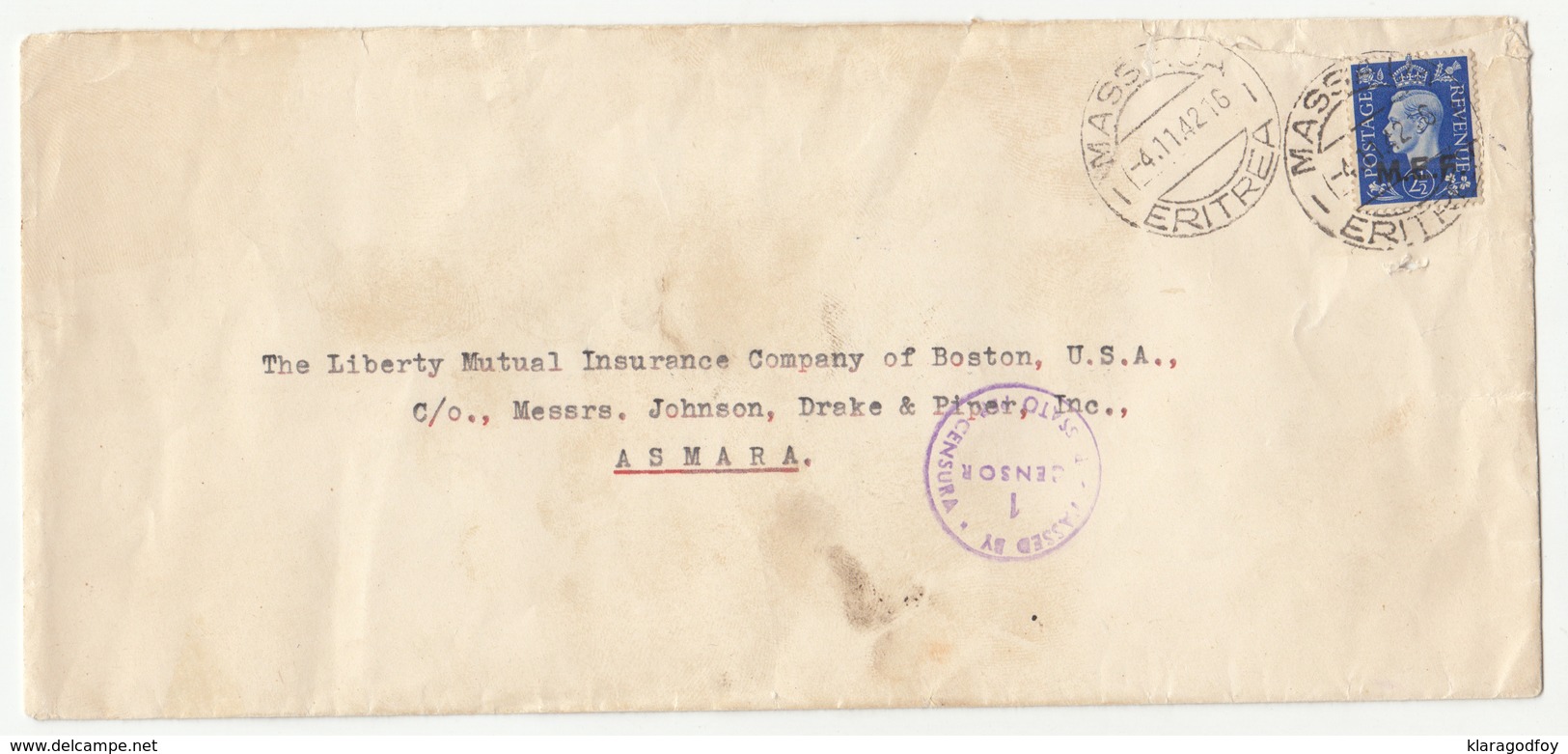 M.E.F. Eritrea Letter Cover Travelled 1942 Massawa To Asmara - CENSORED B181020 - Autres & Non Classés