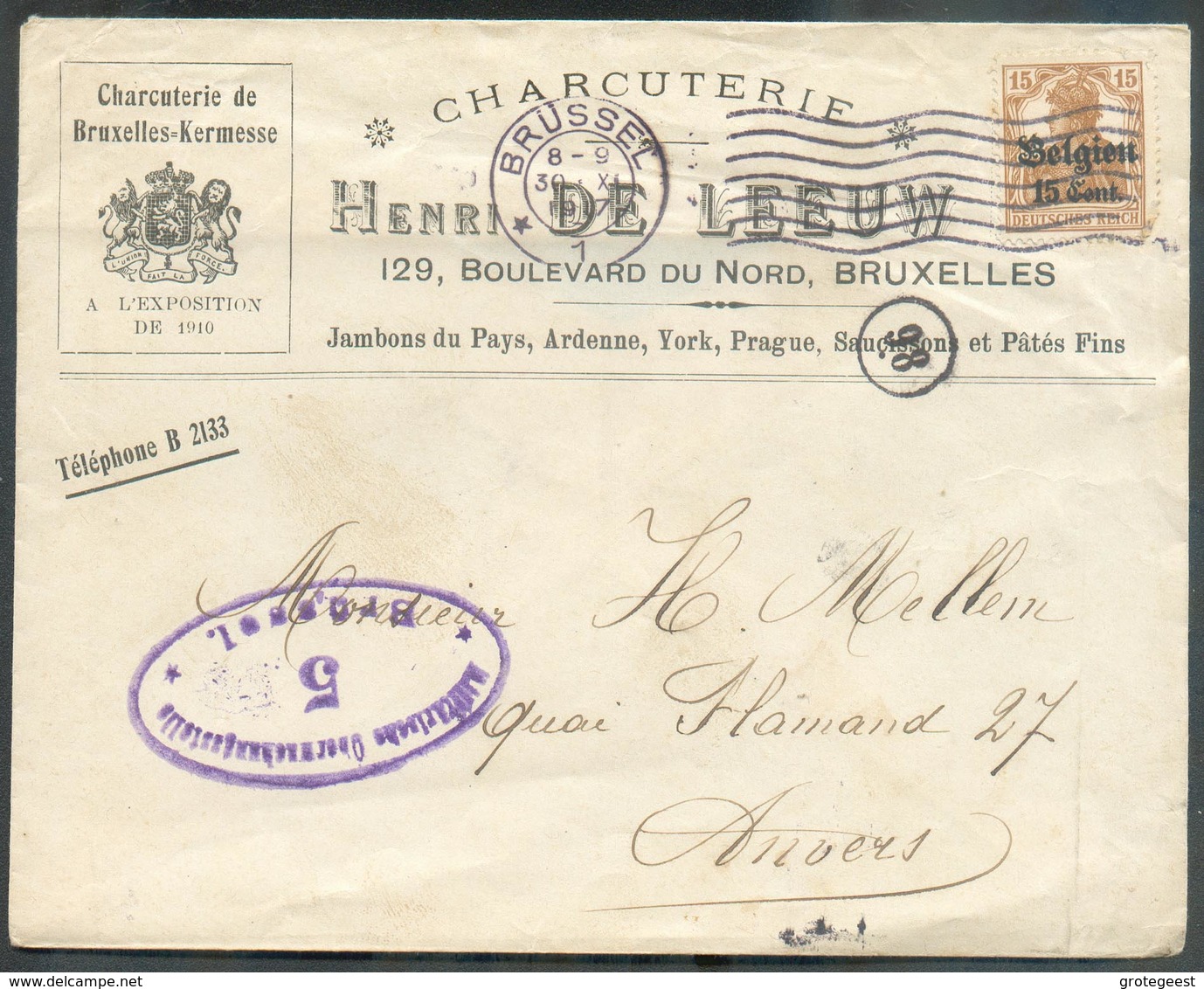 THEME CHARCUTERIE SLAGERIJ  OC 15cent. Obl. Méc. BRUXELLES BRUSSEL Sur Lettre Ill. Du 30-XI-1917 Vers Anvers + Censure V - OC1/25 Gobierno General