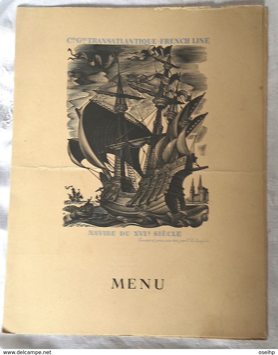 Menu 1936 Cie Gle Transatlantique Paquebot Ile De France Dessin V. Le Campion - Menus