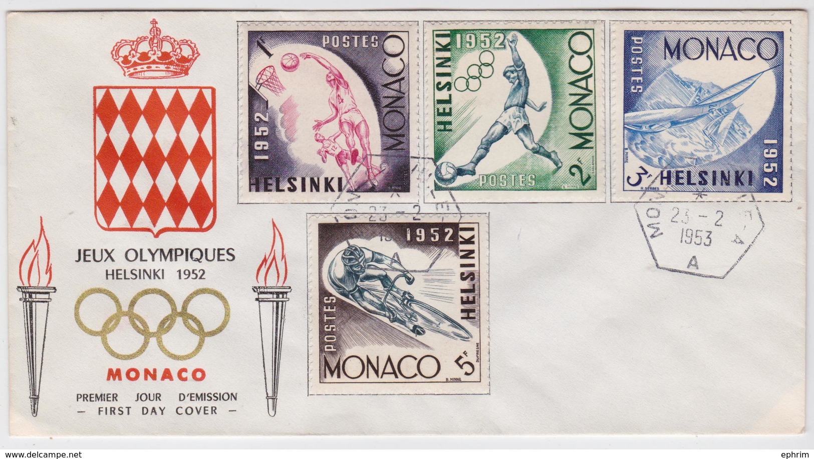 Jeux Olympiques Helsinki 1952 - FDC Enveloppe Premier Jour Monaco - Timbre Cyclisme - Basket-Ball Stamp Football Voile - Ete 1952: Helsinki