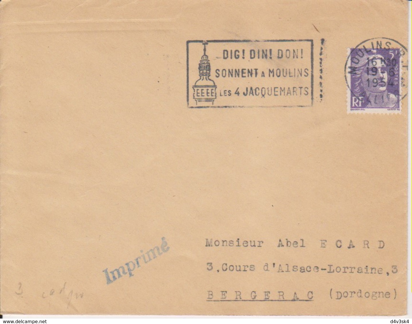 1954 France 03 Allier Moulins Flamme "Dig Din Don - Sonnet A Moulins - Les 4 Jacquemarts" Clock Tower - Mechanical Postmarks (Advertisement)