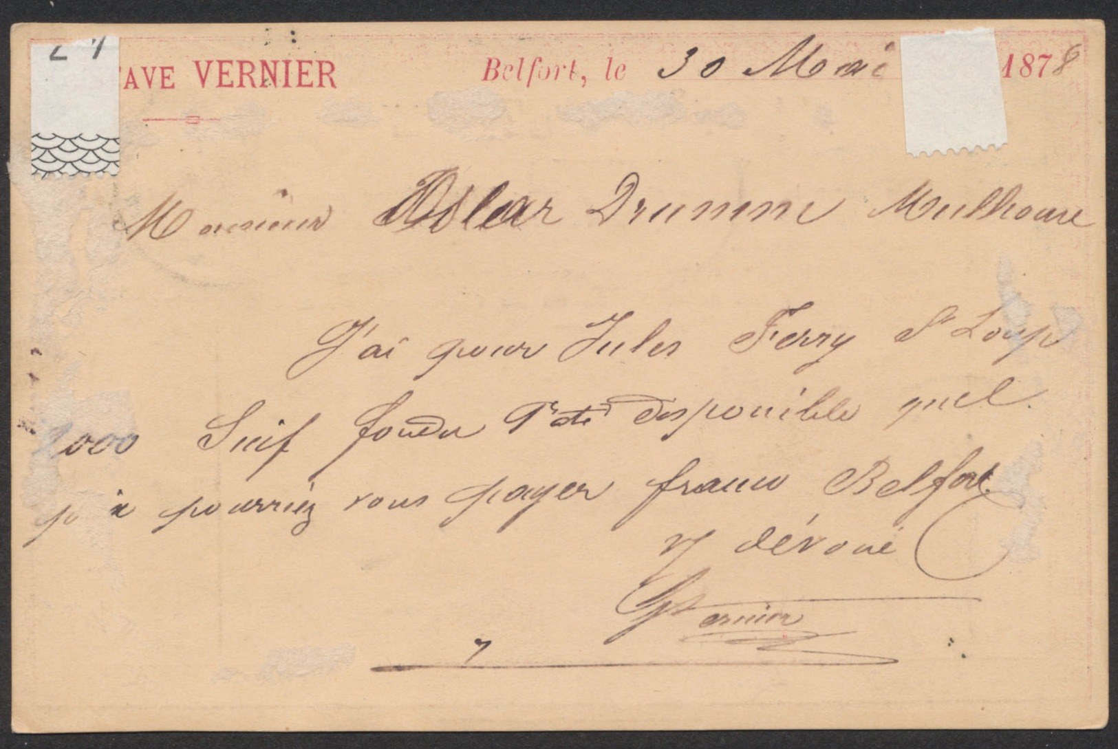 Carte Postale Précurseur Obl Double Cercle "Belfort" 30/5/1878 Vers Mulhouse + Piquage Au Verso. / Yv N°77 - Autres & Non Classés