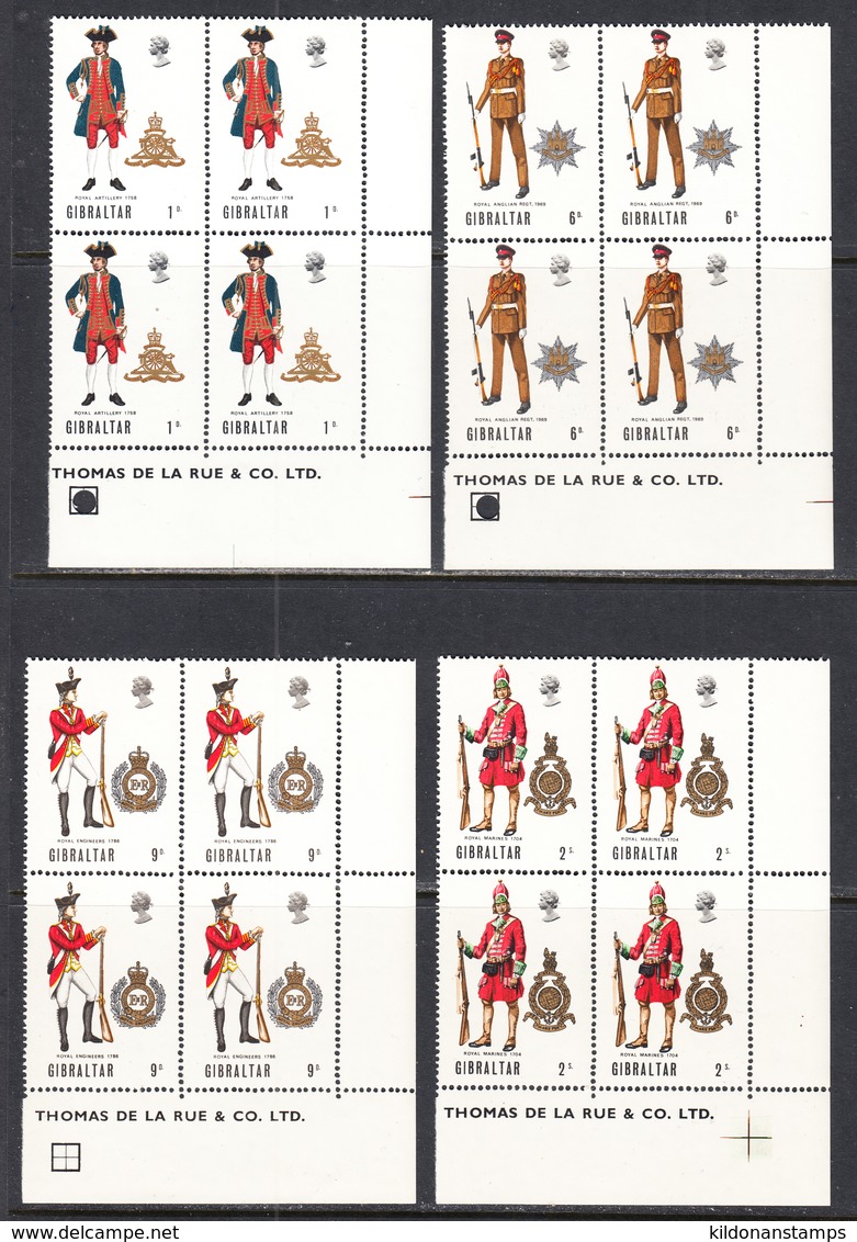 Gibraltar 1969 Uniforms, Mint No Hinge, Corner Blocks, Sc# 226-229,SG 240-243,Yt 224-227 - Gibraltar